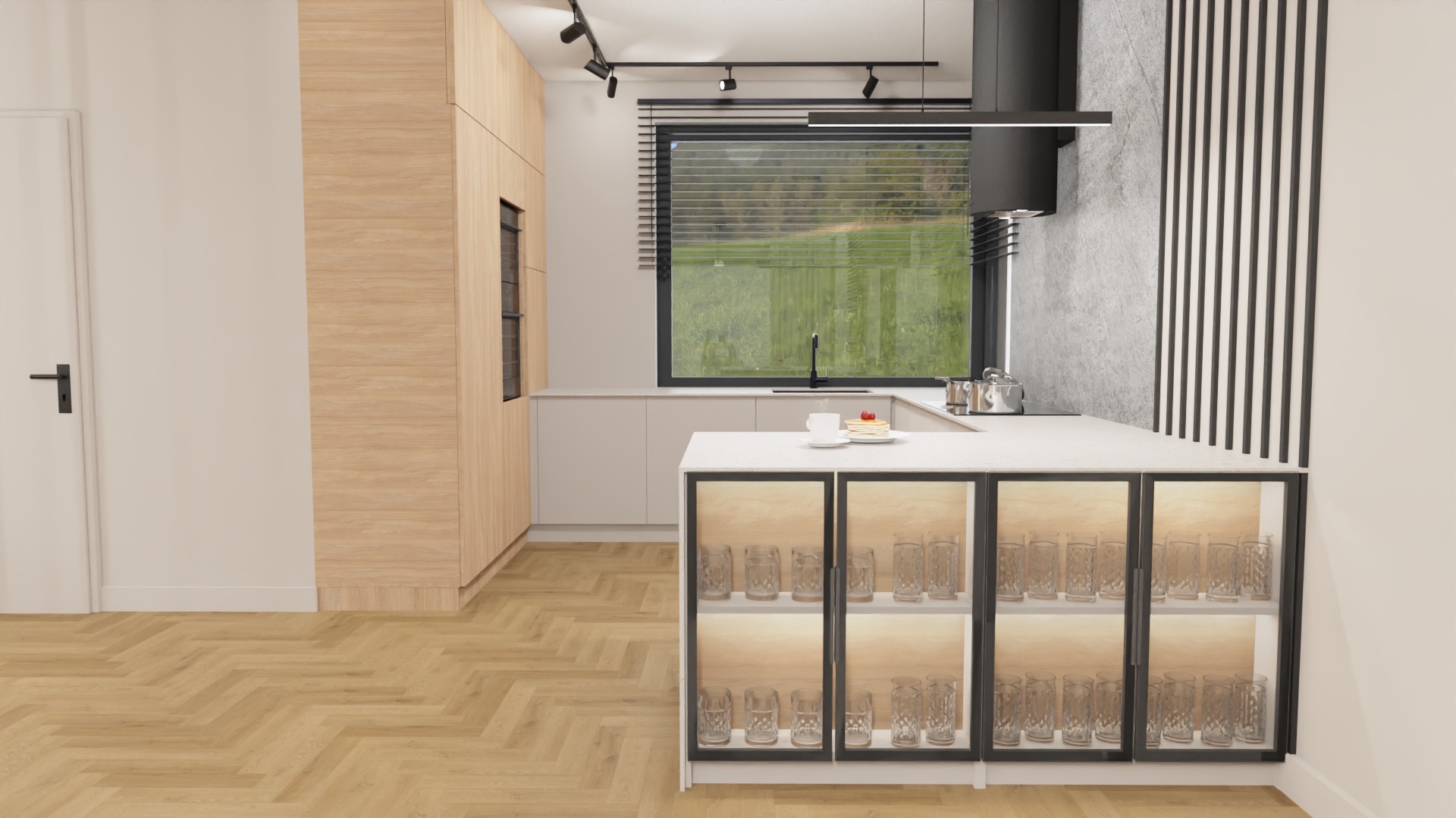 Jasna kuchnia z drewnianą podłogą w jodełkę. Wyspa z przeszklonymi szafkami podświetlona od wewnątrz. Na blacie filiżanka i talerz z ciastkami.