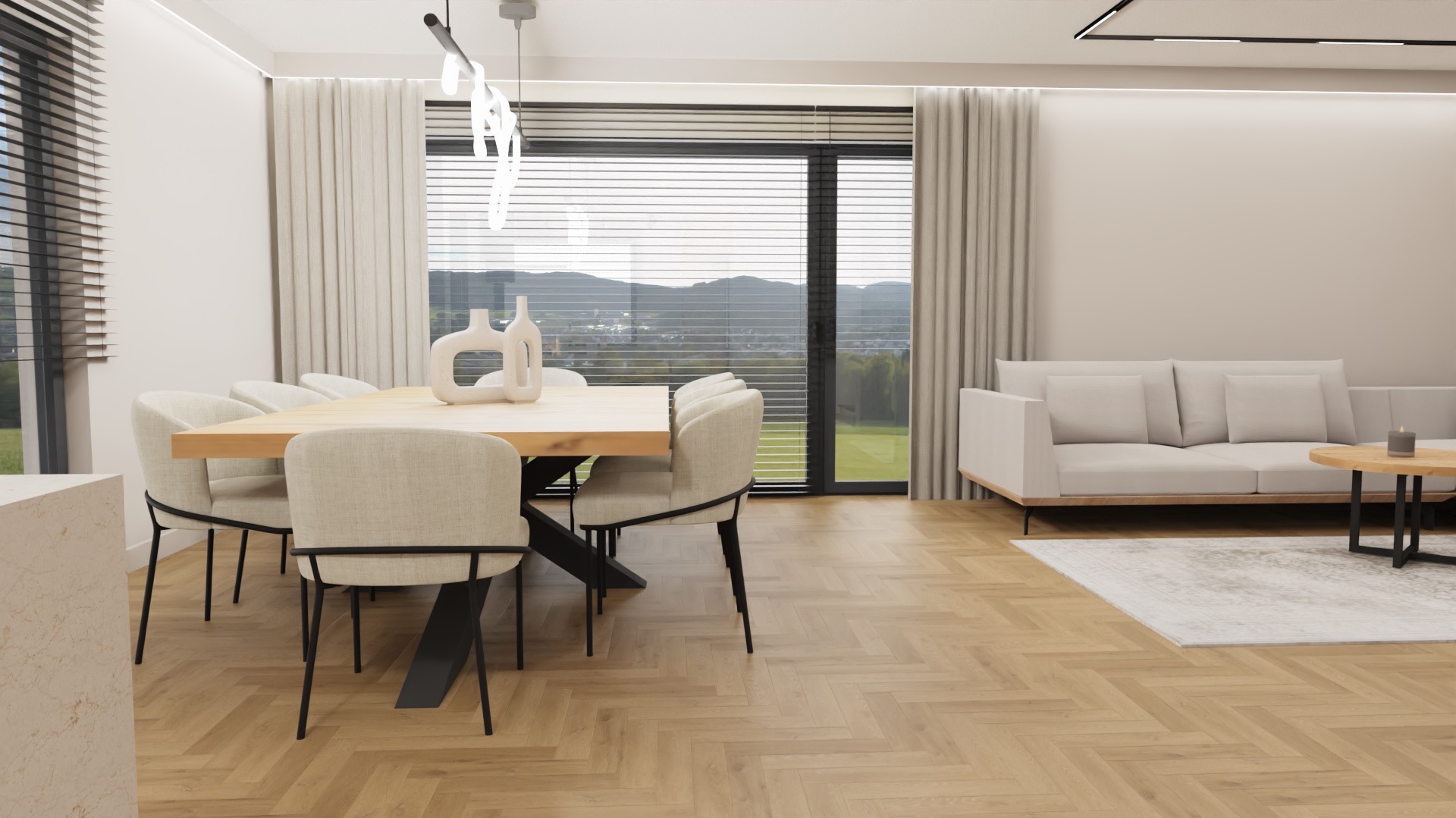 Jasne wnętrze jadalni z drewnianym stołem i krzesłami w stylu skandynawskim, z widokiem na zewnątrz przez okno z żaluzjami. Minimalistyczny salon w tle.