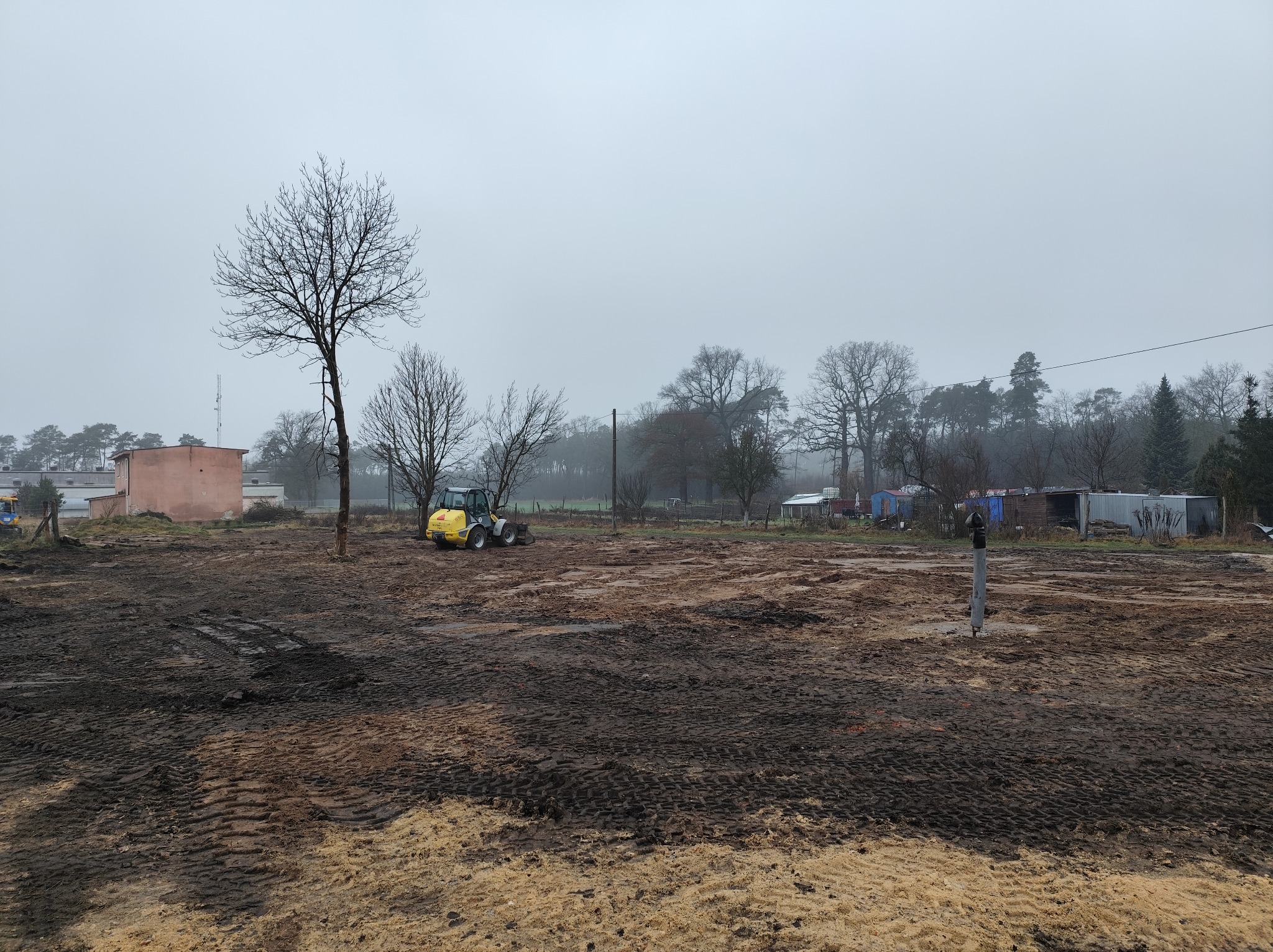 Żółta miniładowarka na rozległym, przygotowanym terenie budowlanym w mglisty dzień. Ślady opon na ziemi, drzewa bez liści w tle.