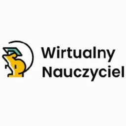Graficzne logo przedstawiające stylizowaną postać z ręką trzymającą biret, obok napis 'Wirtualny Nauczyciel' czcionką bezszeryfową.