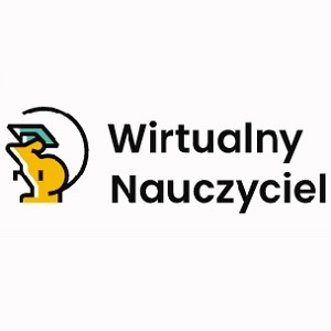 Graficzne logo przedstawiające stylizowaną postać z ręką trzymającą biret, obok napis 'Wirtualny Nauczyciel' czcionką bezszeryfową.