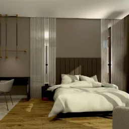 Wizualizacja sypialni w Kliniskach Wielkich: łóżko z brązowym zagłówkiem, drewniana podłoga, okrągłe lustro z podświetleniem, dekoracyjne figurki koni, lampa wisząca i widok na jezioro za oknem.