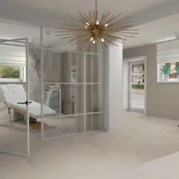 Wizualizacja wnętrza gabinetu kosmetycznego z przeszklonymi ścianami, leżanką kosmetyczną, aparaturą, dekoracyjnym żyrandolem i roślinami w doniczkach.