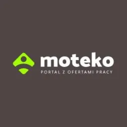 Logo firmy Moteko, zielony romb z kropką i napis 'moteko portal z ofertami pracy' na szarym tle.