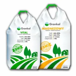 Dwa białe worki z nawozem firmy Grankal, jeden o nazwie Vital, drugi Magnezowy, z grafiką przedstawiającą krajobraz rolniczy i oznaczeniem ECO.