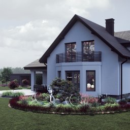 Pracownia Zieleni Konrad Zając - Wizualizacja ogrodu z nowoczesną rzeźbą i oświetleniem, na tle domu z balkonem. Kompozycja roślinna z ozdobnymi trawami i krzewami. Projekt ogrodu z elementami sztuki.