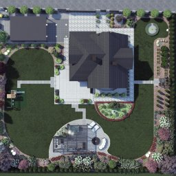 Pracownia Zieleni Konrad Zając - Projekt zagospodarowania terenu wokół domu z góry: ogród z placem zabaw, altaną, fontanną i ozdobnymi nasadzeniami. Widoczny budynek mieszkalny z szarym dachem.