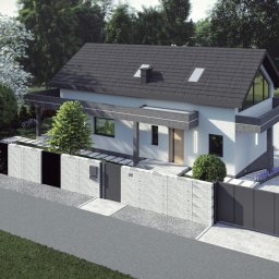 Pracownia Zieleni Konrad Zając - Nowoczesny dom z garażem i ogrodzeniem z betonu architektonicznego, brama przesuwna, zieleń ozdobna. Projekt z dbałością o detale, widok z góry.
