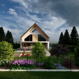 Wizualizacja domu jednorodzinnego z ogrodem, widok na elewację frontową, zieleń ozdobna, plac zabaw z huśtawką, ogrodzenie panelowe, logo w prawym dolnym rogu.