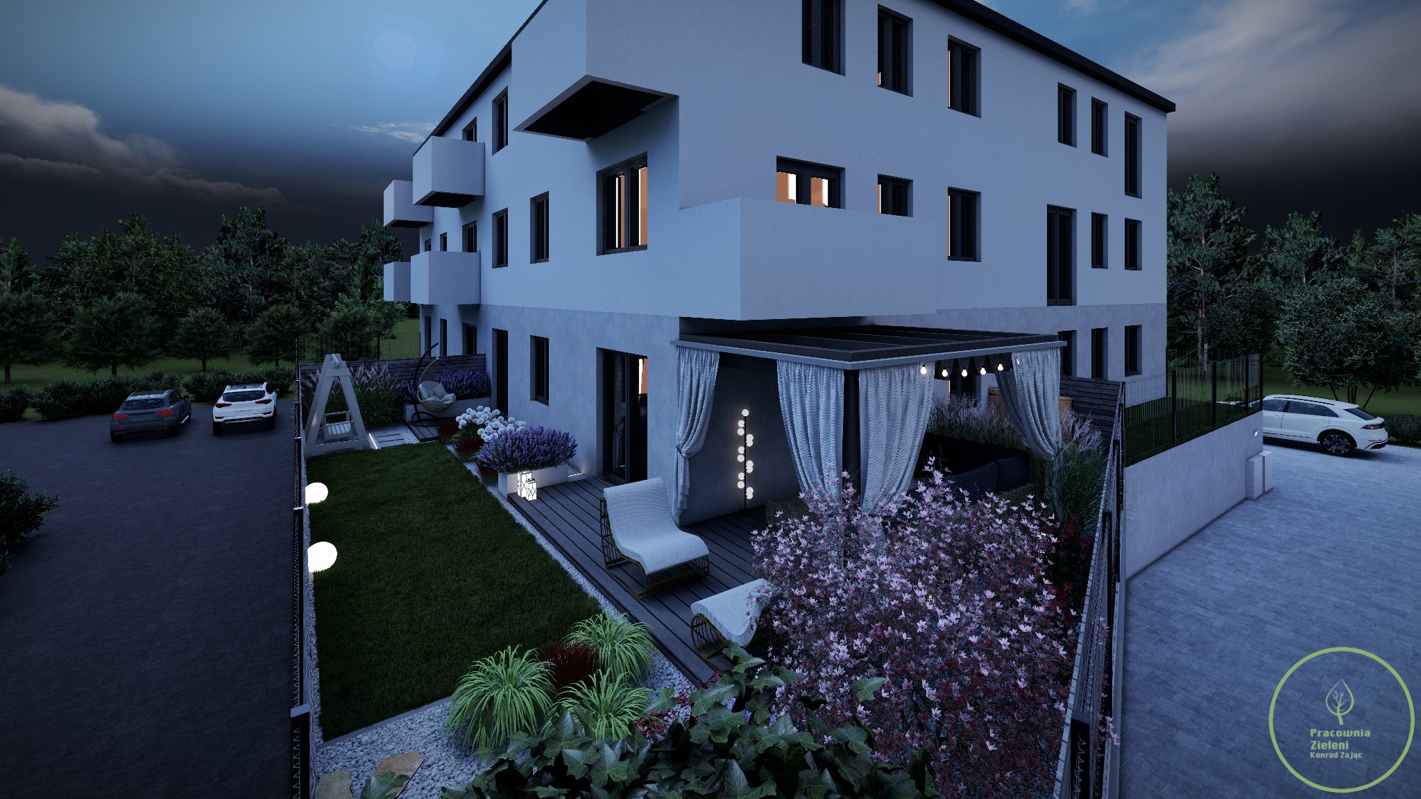 Wizualizacja ogrodu przy nowoczesnym apartamentowcu z zadaszonym tarasem, oświetleniem girlandami, meblami wypoczynkowymi, kwitnącymi krzewami i lampami ogrodowymi wzdłuż ogrodzenia.