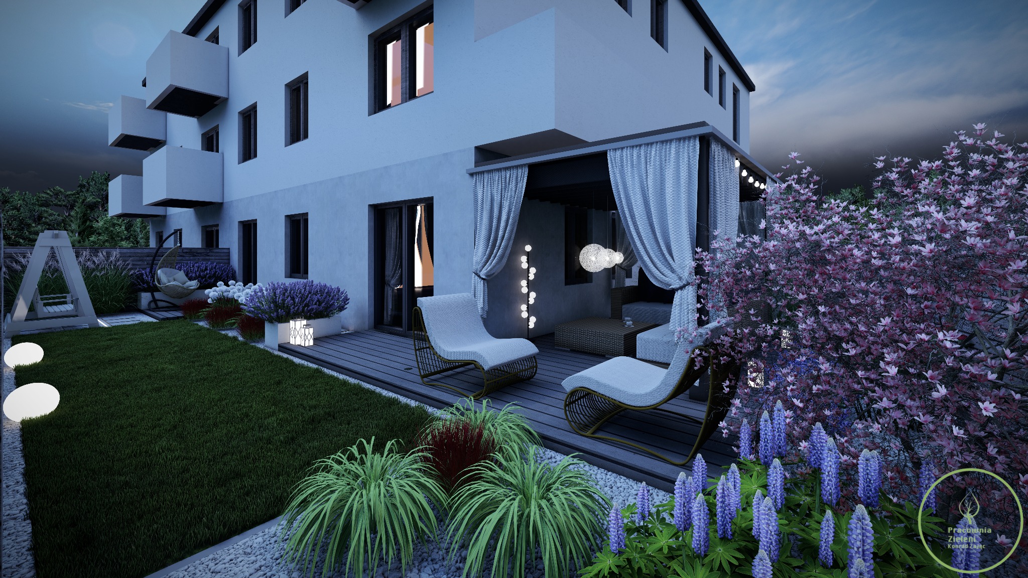 Wizualizacja ogrodu przy nowoczesnym domu z tarasem, oświetleniem i kwitnącymi roślinami w odcieniach fioletu.