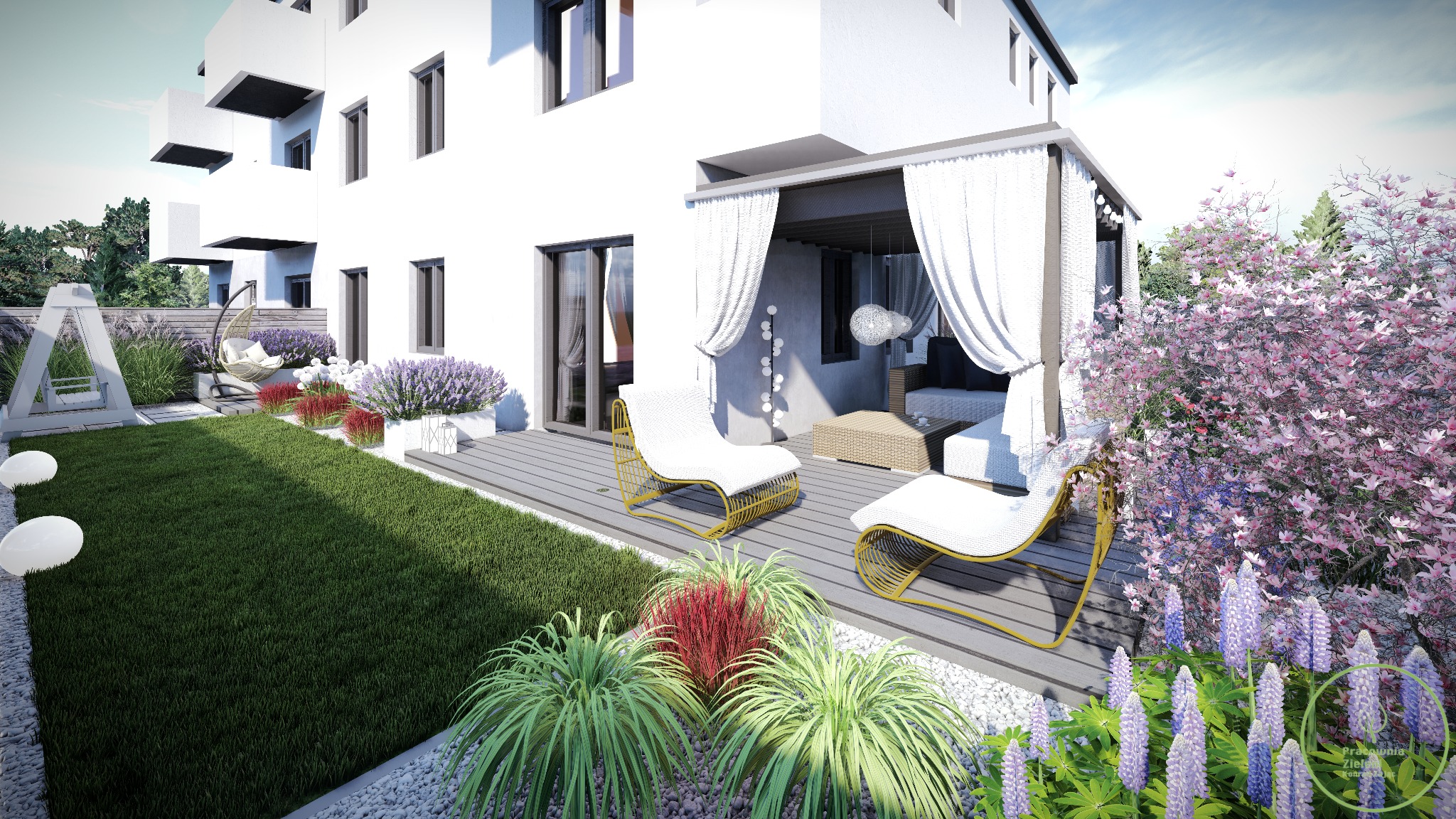 Wizualizacja ogrodu przy nowoczesnym, białym domu z tarasem, białymi meblami ogrodowymi, kwitnącymi krzewami i rabatami kwiatowymi.