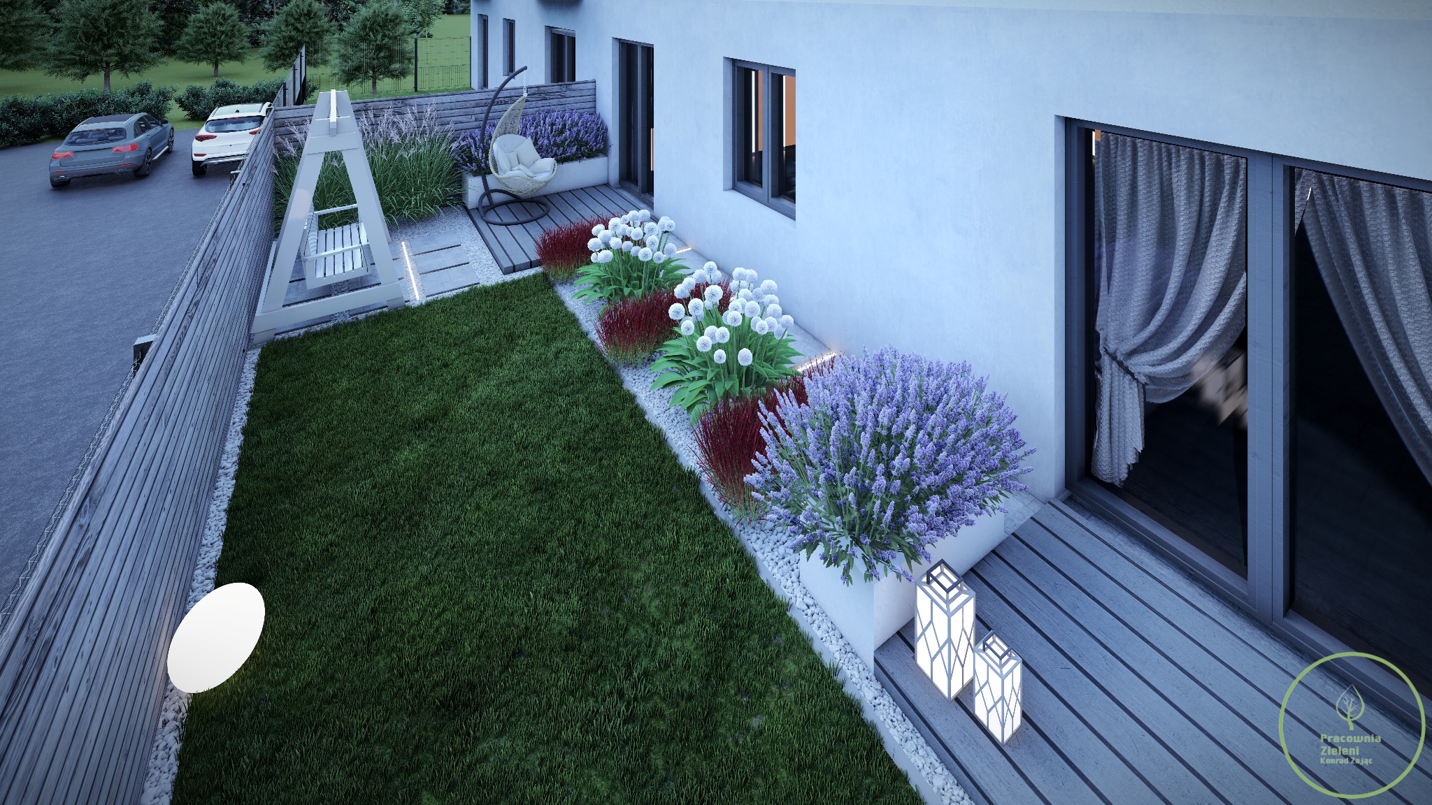 Nowoczesny ogród przydomowy z huśtawką, rabatami kwiatowymi z lawendą i białymi kwiatami, oświetleniem LED i wiszącym fotelem na tarasie.