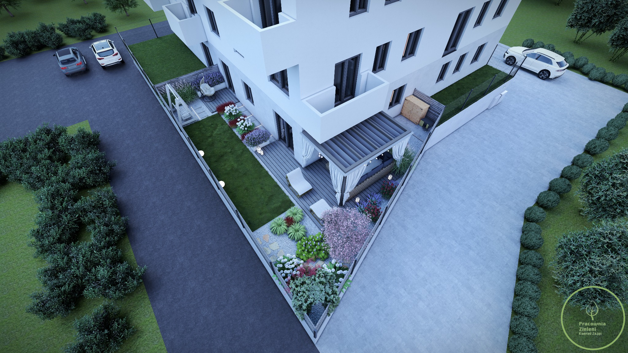 Wizualizacja ogrodu przydomowego z tarasem z pergolą, meblami ogrodowymi i kwitnącymi rabatami, widok z góry.