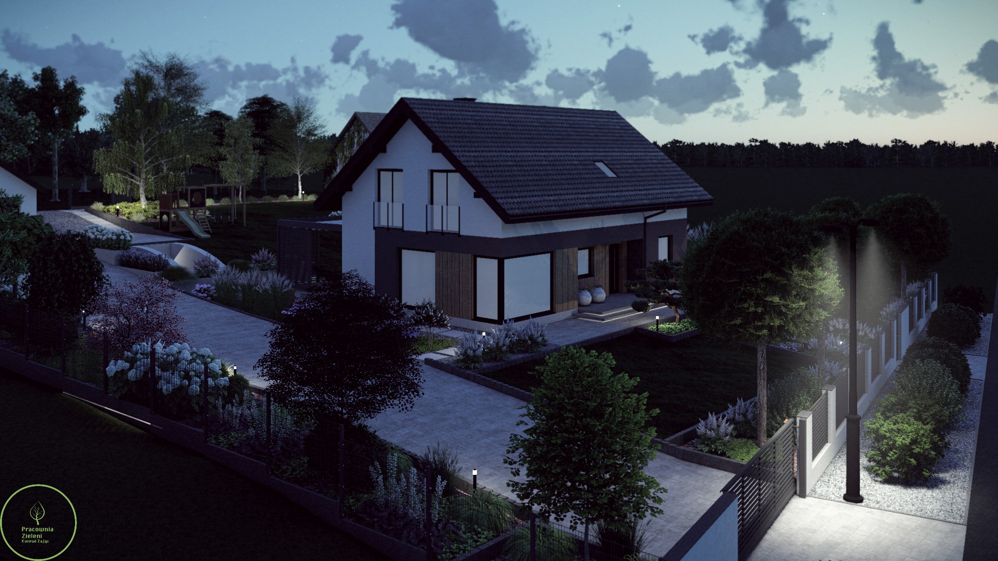 Iluminacja ogrodu nocą: nowoczesny dom z podświetlonymi ścieżkami, roślinami i placem zabaw w tle. Widoczne lampy ogrodowe i starannie zaprojektowana zieleń.