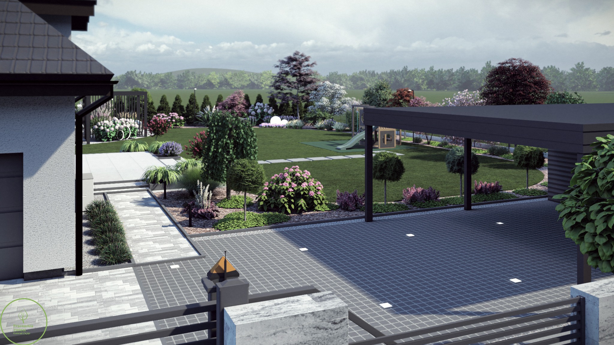 Nowoczesny ogród z podjazdem z kostki, zielonym trawnikiem, rabatami kwiatowymi i placem zabaw w tle. Widok z perspektywy.