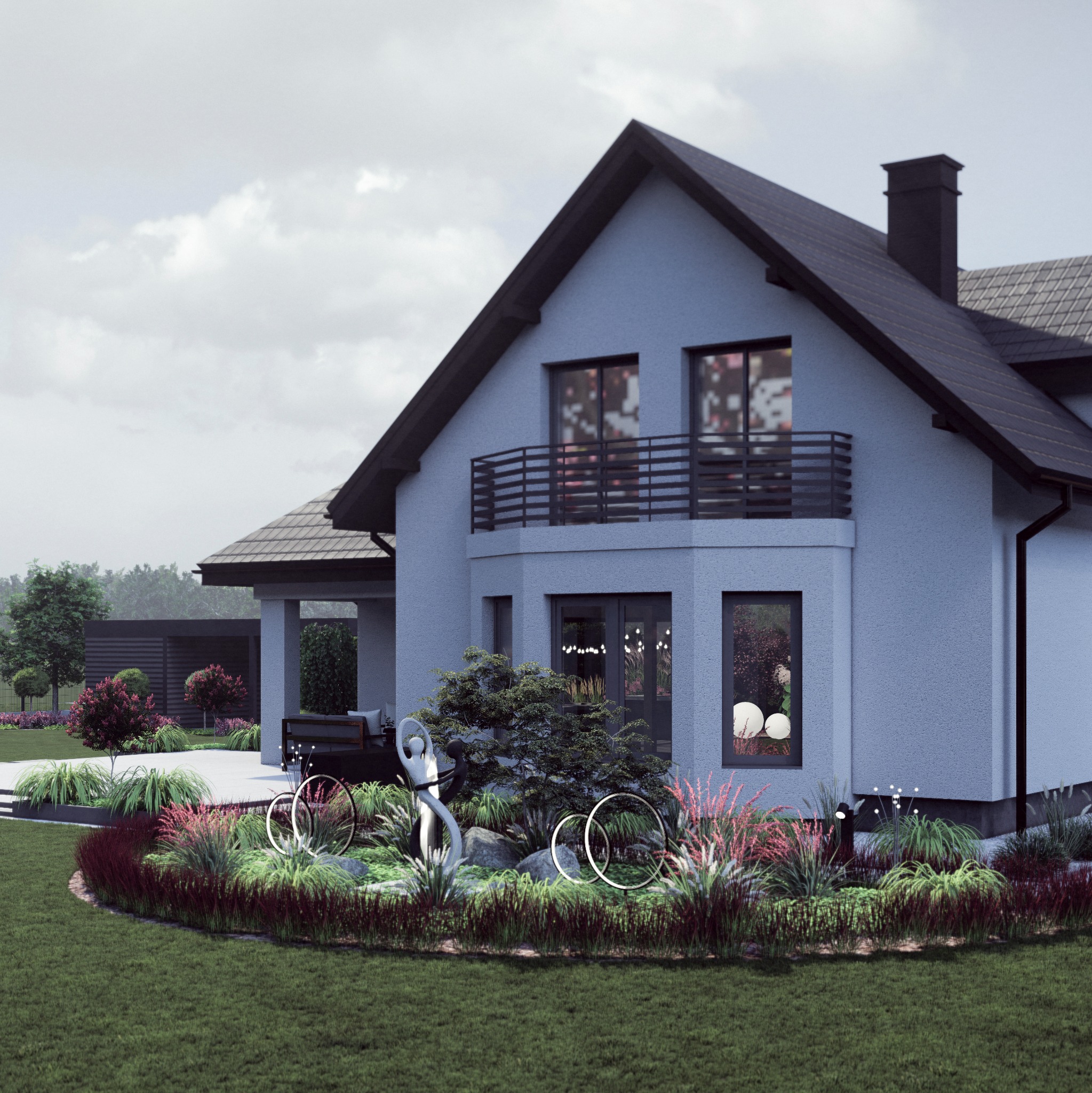 Wizualizacja ogrodu z nowoczesną rzeźbą i oświetleniem, na tle domu z balkonem. Kompozycja roślinna z ozdobnymi trawami i krzewami. Projekt ogrodu z elementami sztuki.