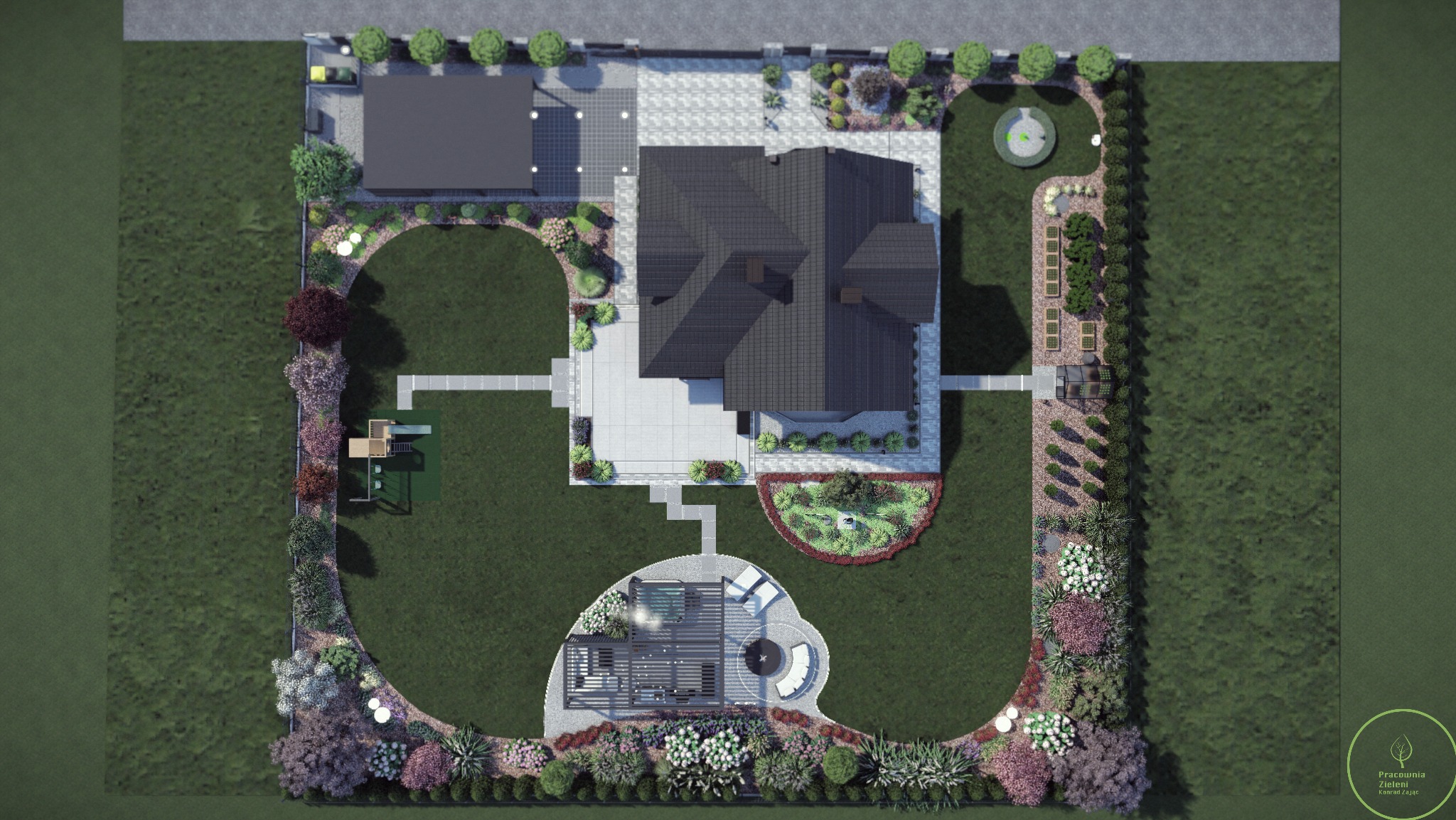 Projekt zagospodarowania terenu wokół domu z góry: ogród z placem zabaw, altaną, fontanną i ozdobnymi nasadzeniami. Widoczny budynek mieszkalny z szarym dachem.