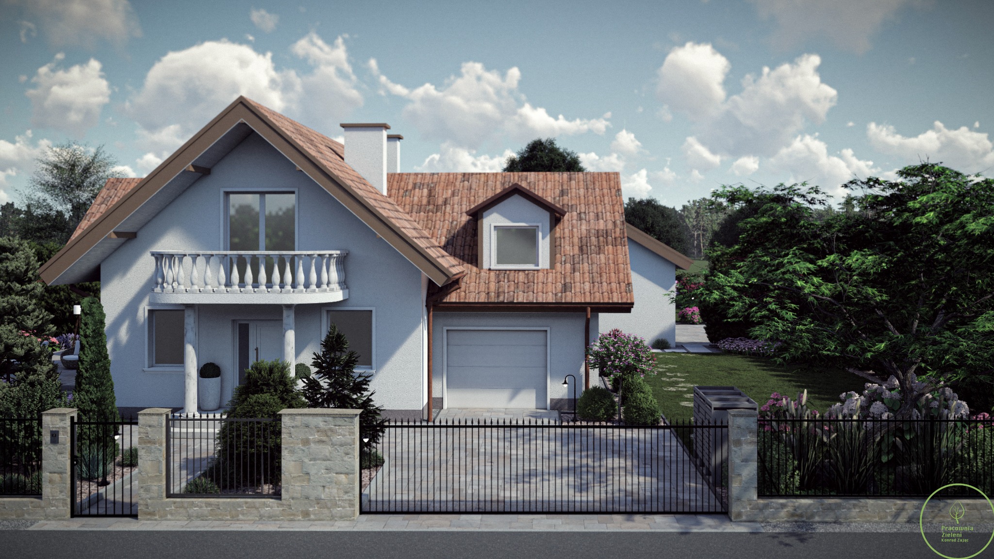 Elegancki dom z garażem i balkonem, otoczony zielenią. Metalowe ogrodzenie z kamiennymi słupkami. Uwagę przyciąga starannie zaprojektowany ogród.