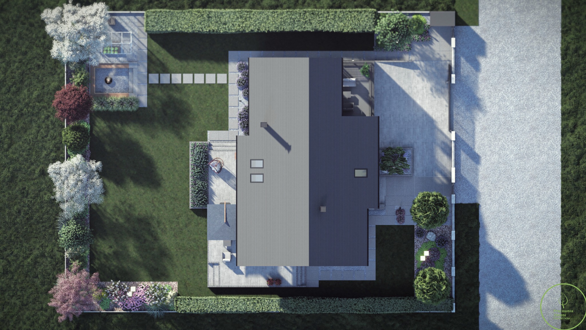 Widok z góry na dom z ogrodem: trawnik, ścieżki z płyt, rabaty kwiatowe, krzewy i drzewa. Minimalistyczny styl, nowoczesna architektura domu, równo przystrzyżony żywopłot.