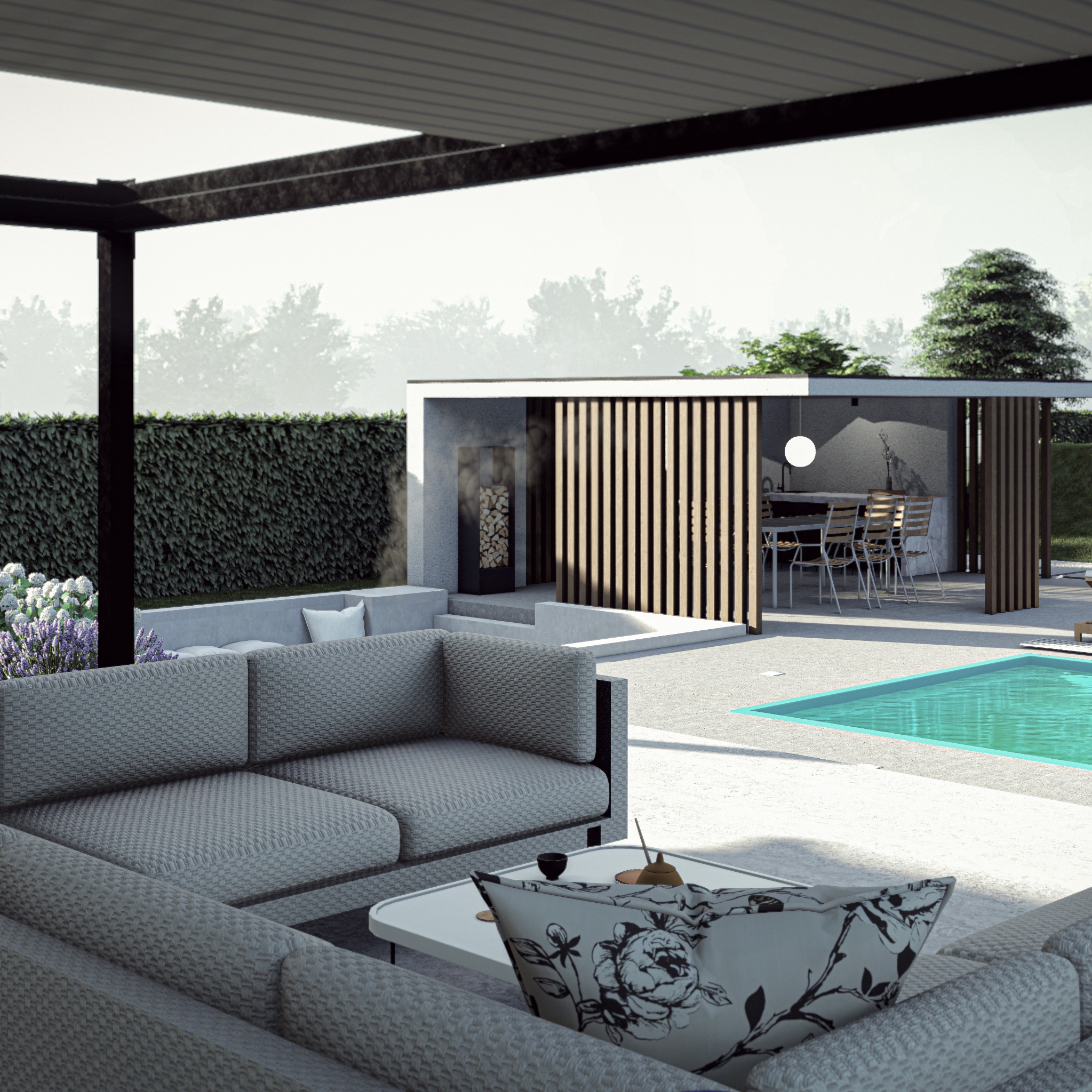 Nowoczesny taras z pergolą, basenem i letnią kuchnią. Wygodna sofa z poduszkami w kwiaty. Minimalistyczny design, zieleń w tle. Idealne miejsce do relaksu.