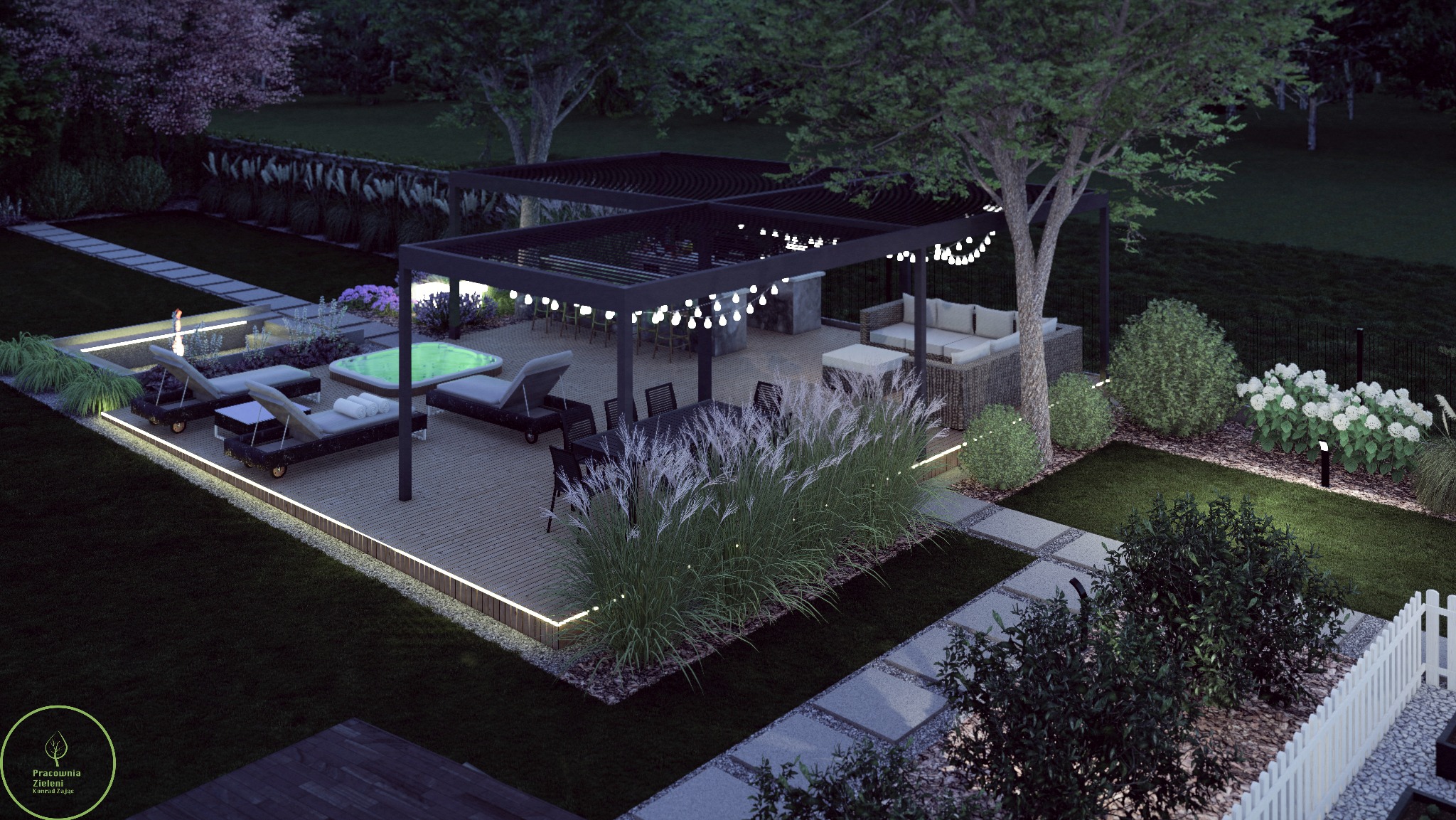Wieczorna wizualizacja ogrodu z jacuzzi, leżakami, pergolą oświetloną girlandami, stołem jadalnym i dekoracyjnymi trawami. Oświetlenie punktowe podkreśla roślinność.