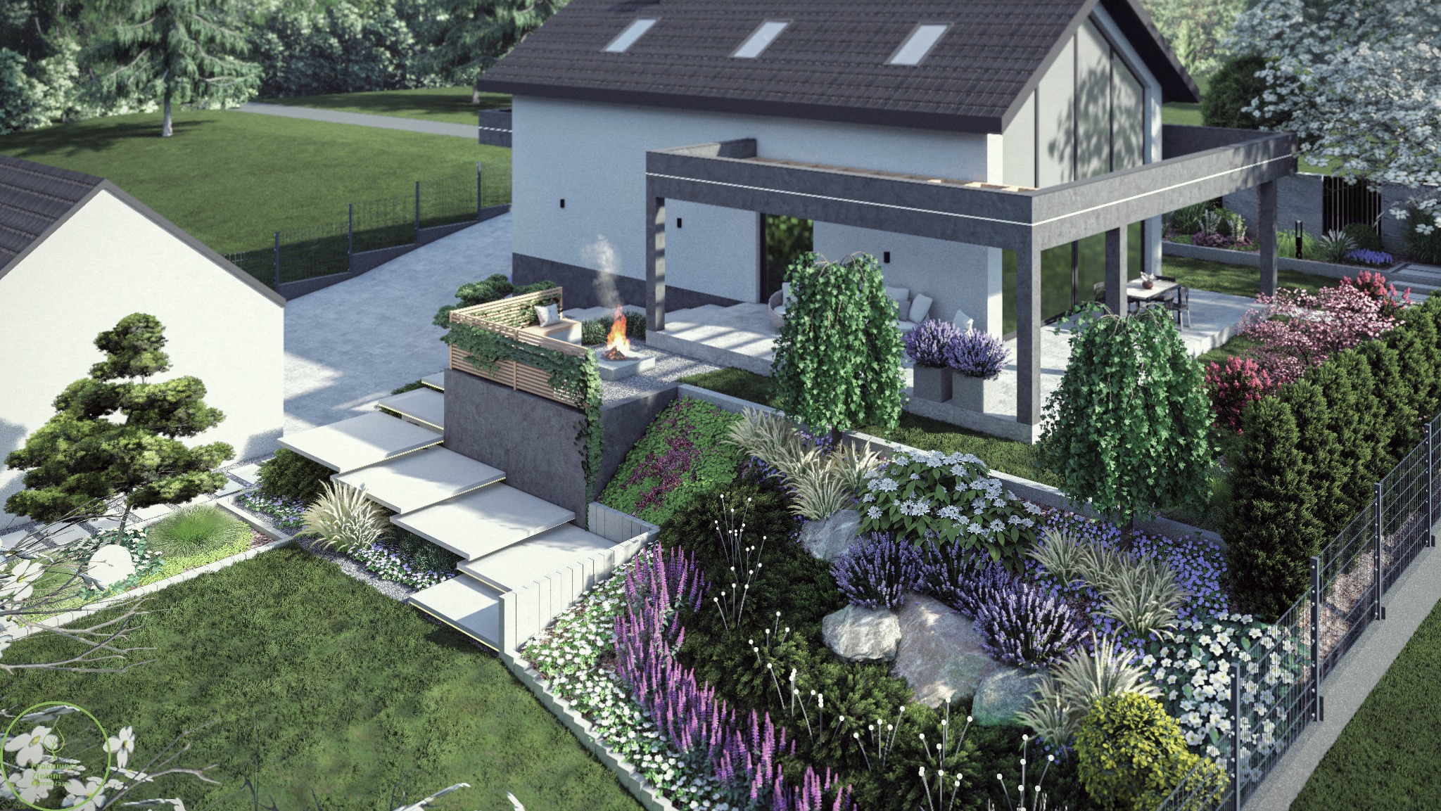 Wizualizacja ogrodu z nowoczesnym domem, tarasem z paleniskiem i schodami. Bogata roślinność, kamienie i trawnik tworzą harmonijną całość.