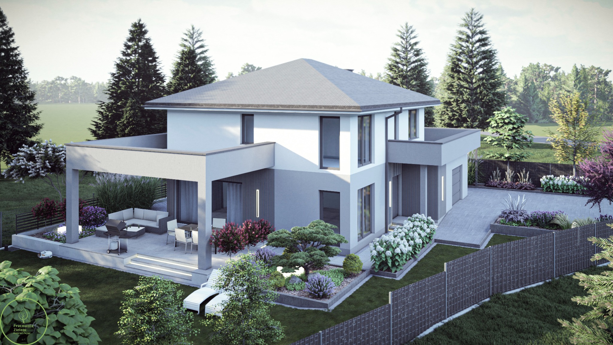 Wizualizacja domu z ogrodem: taras z meblami, zadbana zieleń, drzewa iglaste w tle. Nowoczesna architektura, oświetlenie elewacyjne, kostka brukowa na podjeździe.