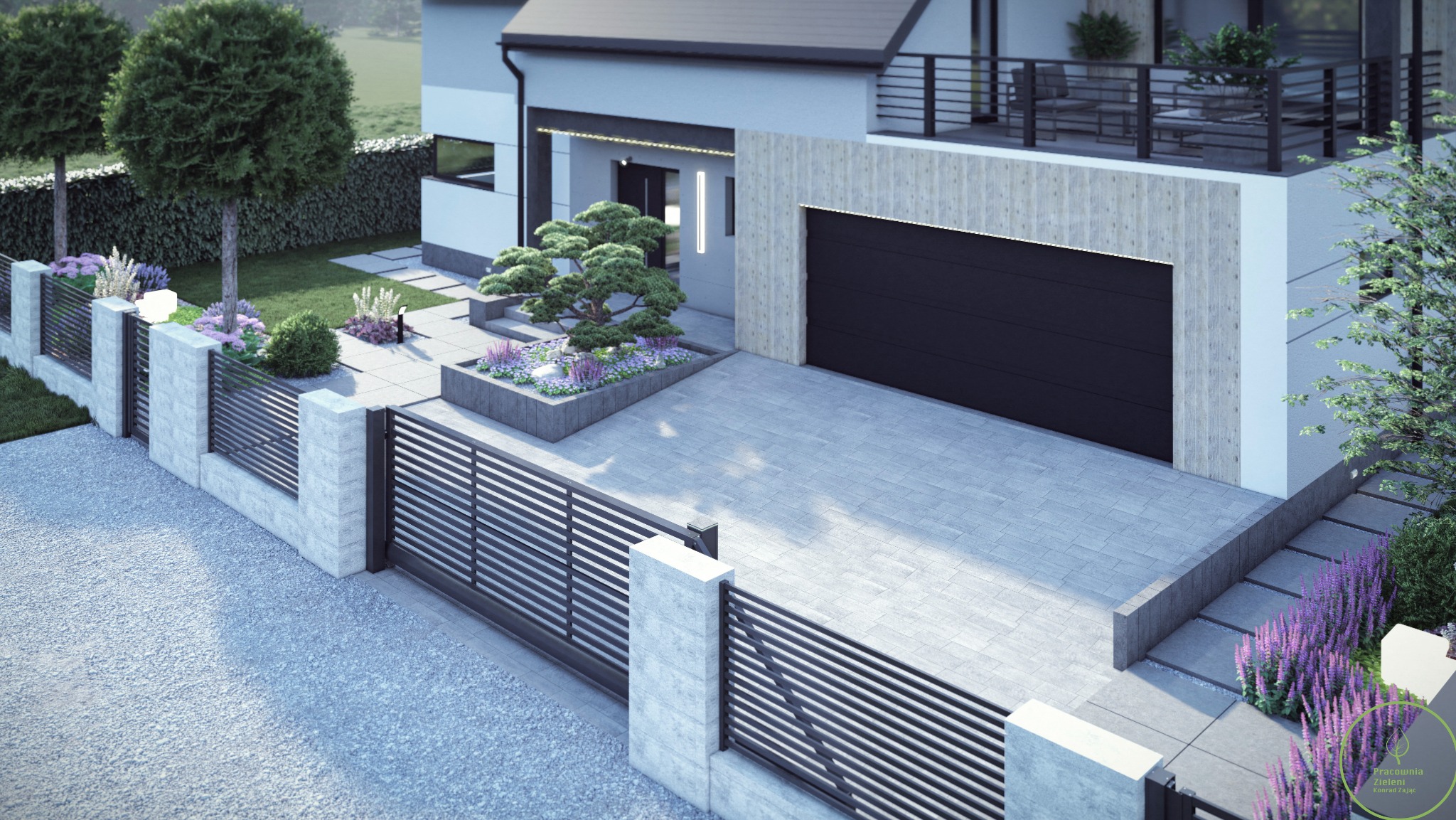 Nowoczesny ogród frontowy z geometrycznym układem roślin, kamienną ścieżką i minimalistycznym ogrodzeniem. Bonsai w centralnej rabacie, oświetlenie LED.