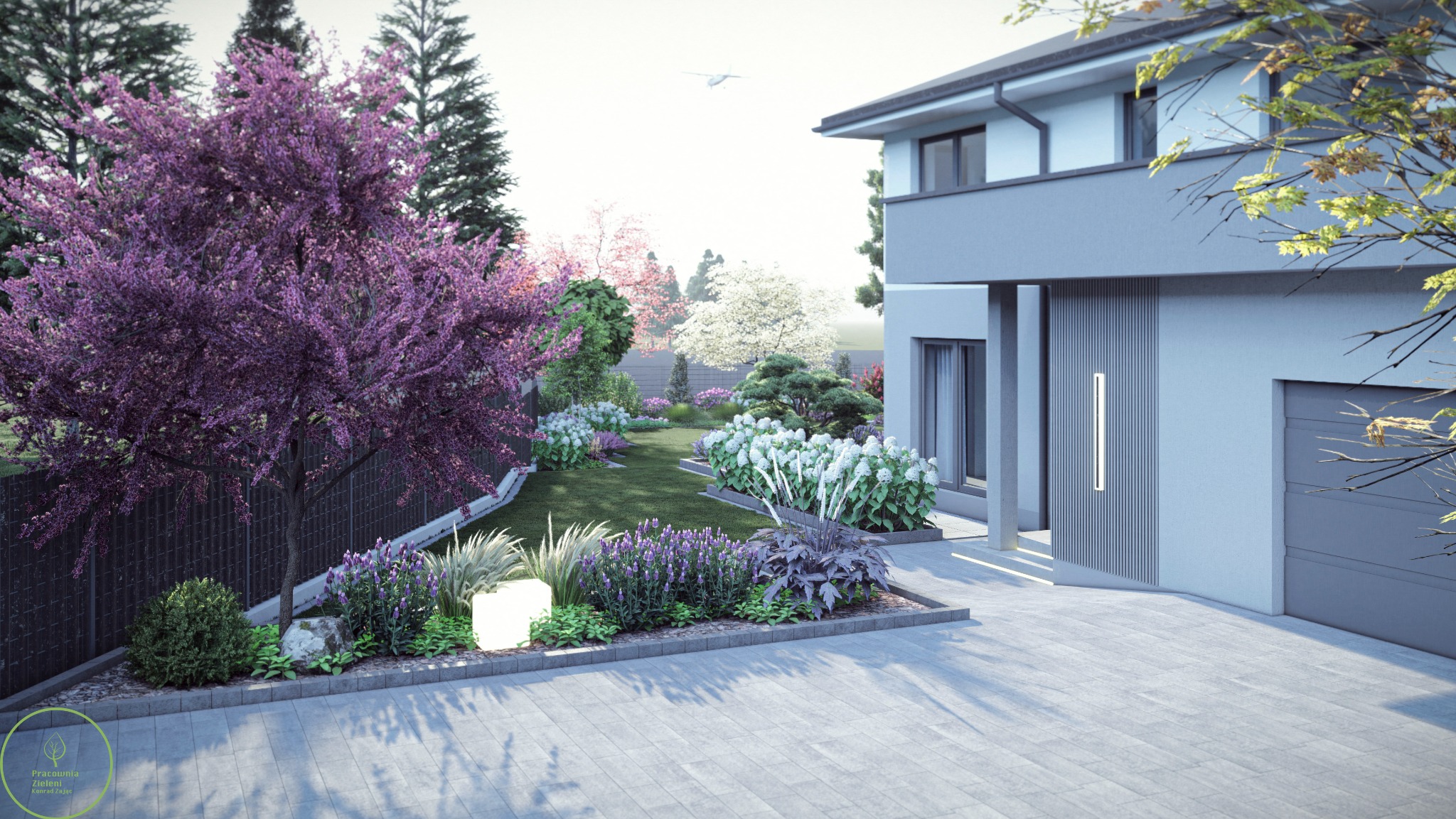 Nowoczesny ogród z kwitnącym drzewem, lampą ogrodową i zadbanym trawnikiem przy szarym domu. Widok z kostki brukowej, spokojna kolorystyka, render.