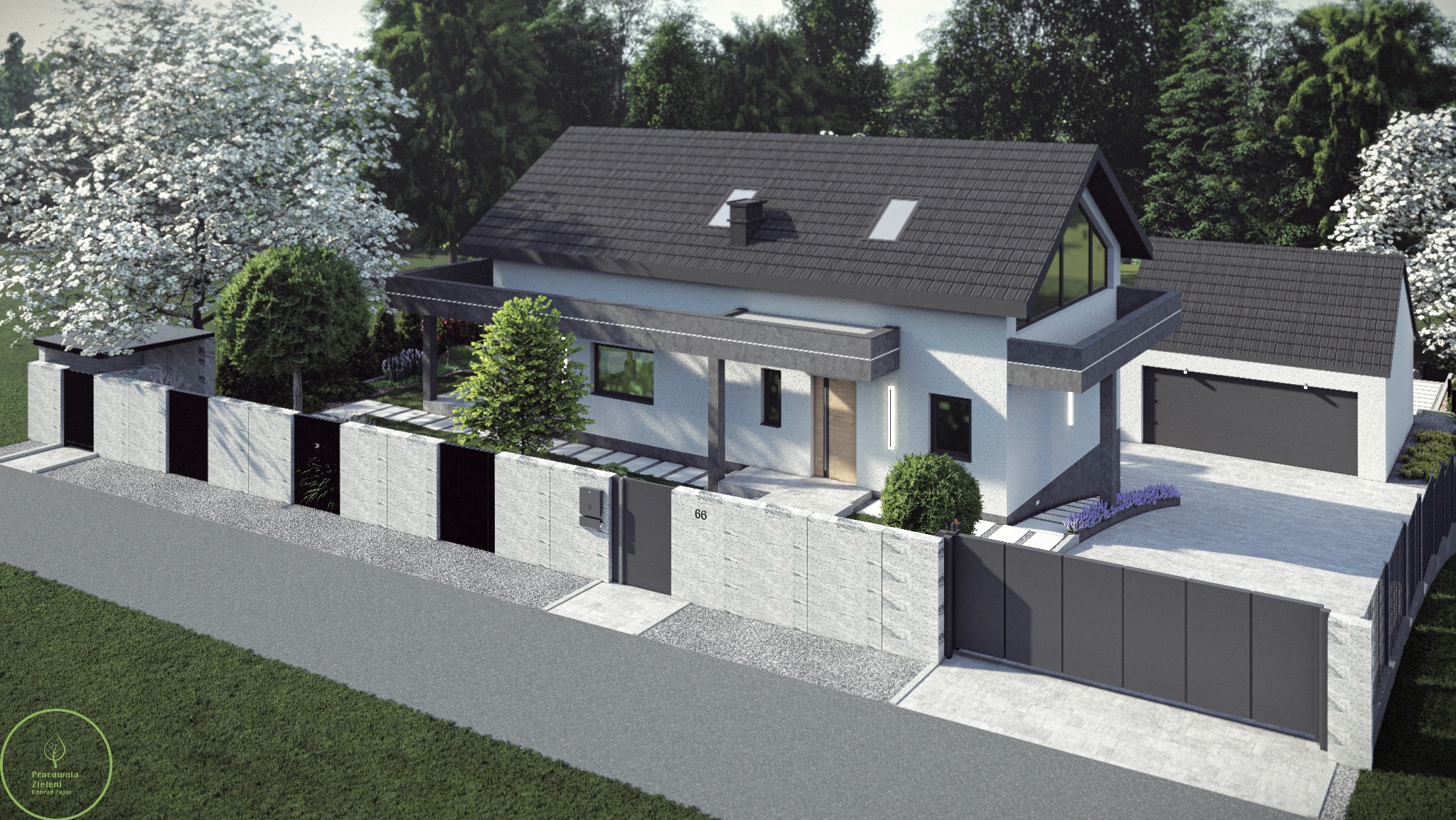 Nowoczesny dom z garażem i ogrodzeniem z betonu architektonicznego, brama przesuwna, zieleń ozdobna. Projekt z dbałością o detale, widok z góry.