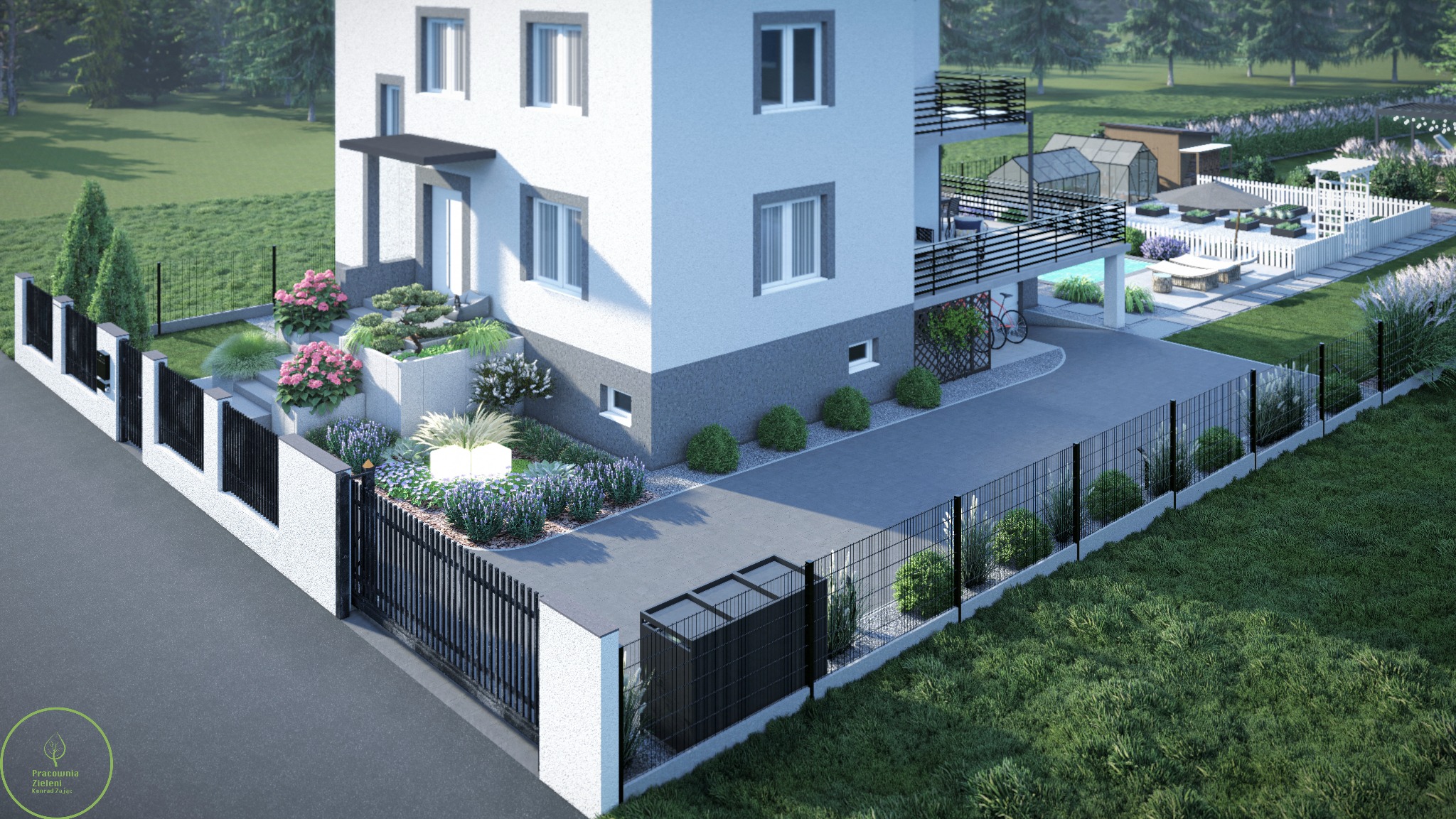 Wizualizacja ogrodu przy nowoczesnym domu z basenem, szklarnią i oświetlonymi rabatami. Czarny płot i zadbany trawnik. Projekt ogrodu z elementami małej architektury.