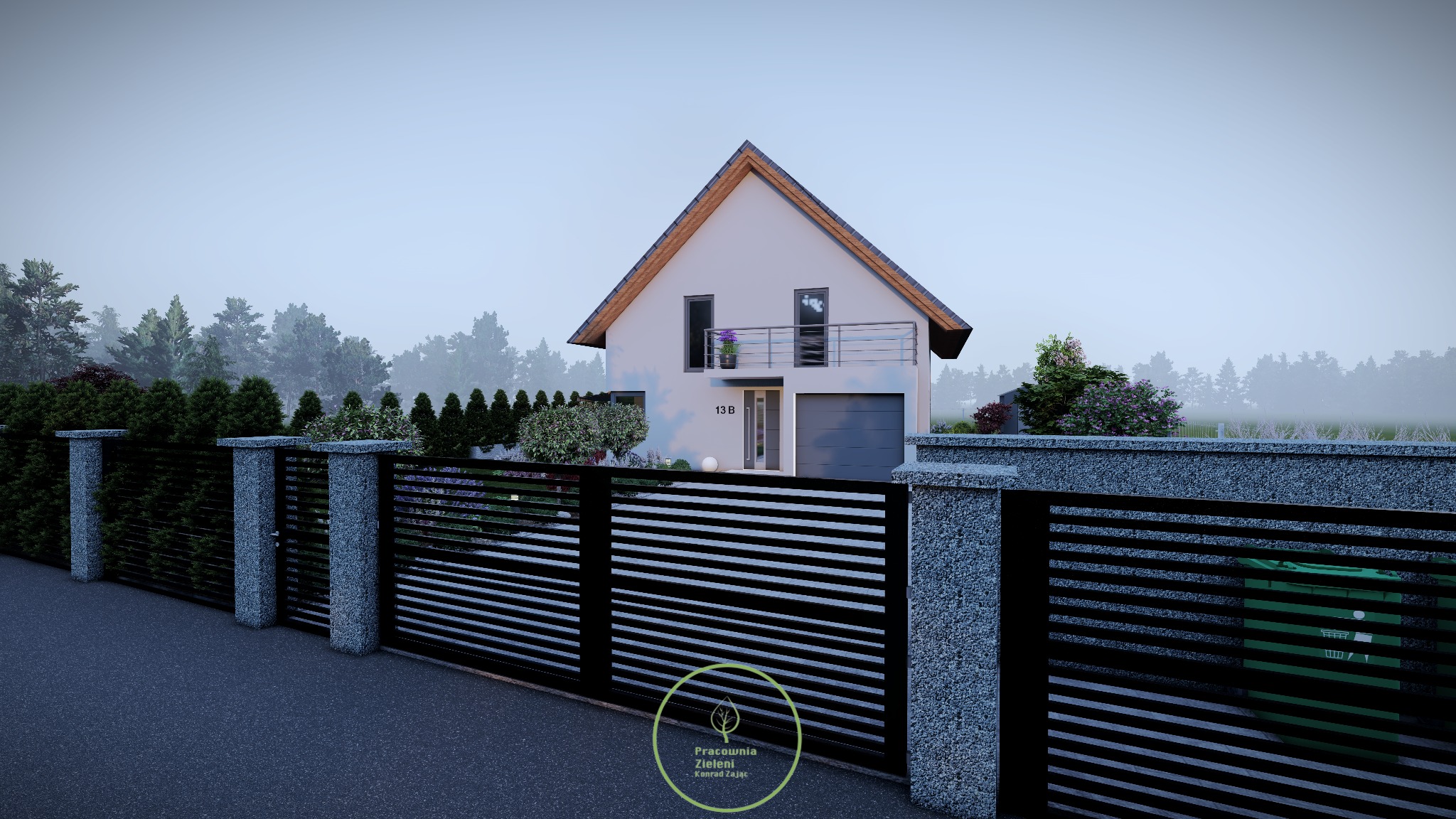 Wizualizacja domu jednorodzinnego z nowoczesnym ogrodzeniem z poziomych, czarnych profili i kamiennych słupków, z widoczną zielenią w tle i logo firmy na ogrodzeniu.