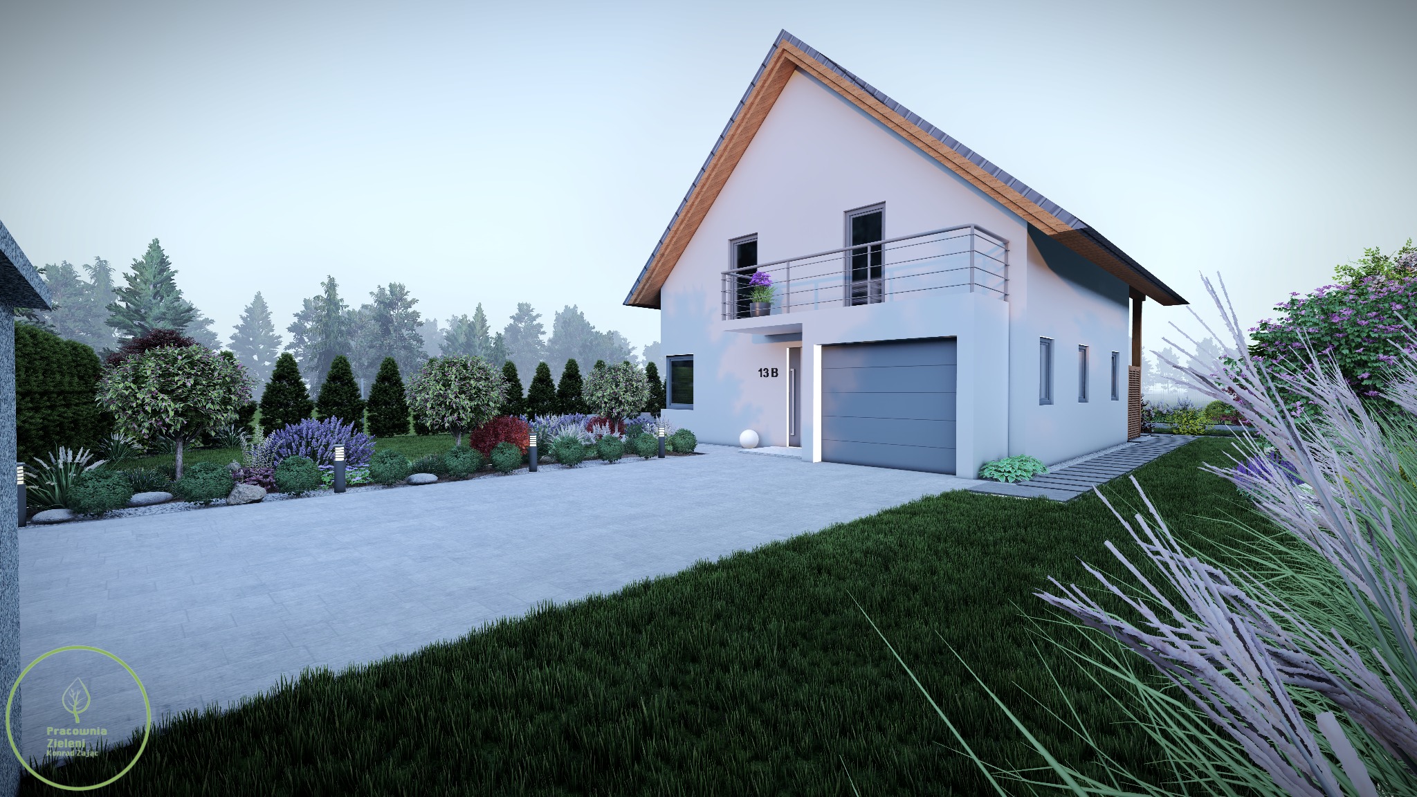 Wizualizacja domu jednorodzinnego z nowoczesnym ogrodem: równo przystrzyżony trawnik, alejka z kostki, ozdobne krzewy, lampy ogrodowe i wysokie trawy ozdobne na pierwszym planie.