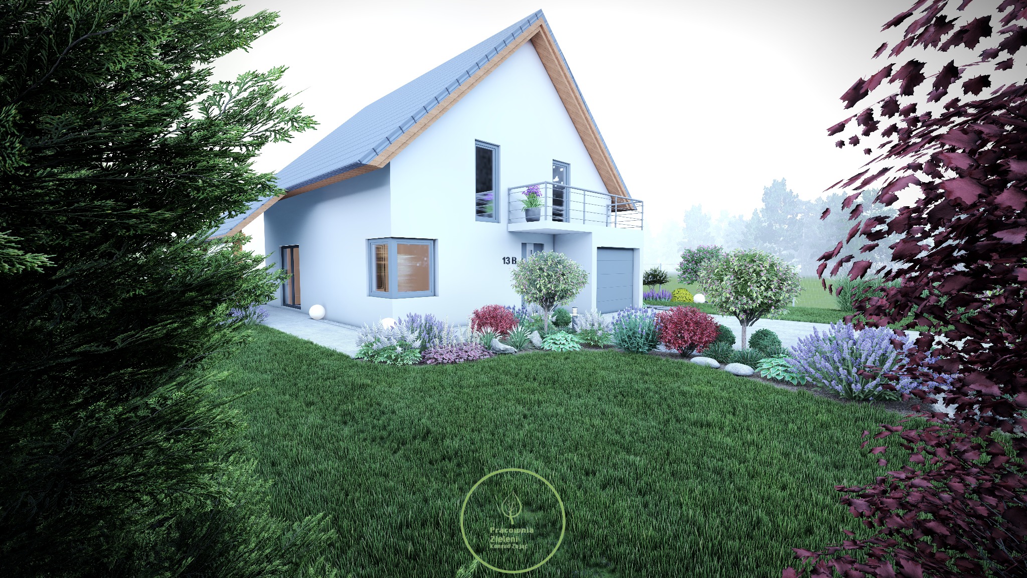 Wizualizacja domu jednorodzinnego z ogrodem, rabaty kwiatowe wzdłuż ścieżki, trawnik, drzewa ozdobne, balkon z kwiatami, numer domu 13B.