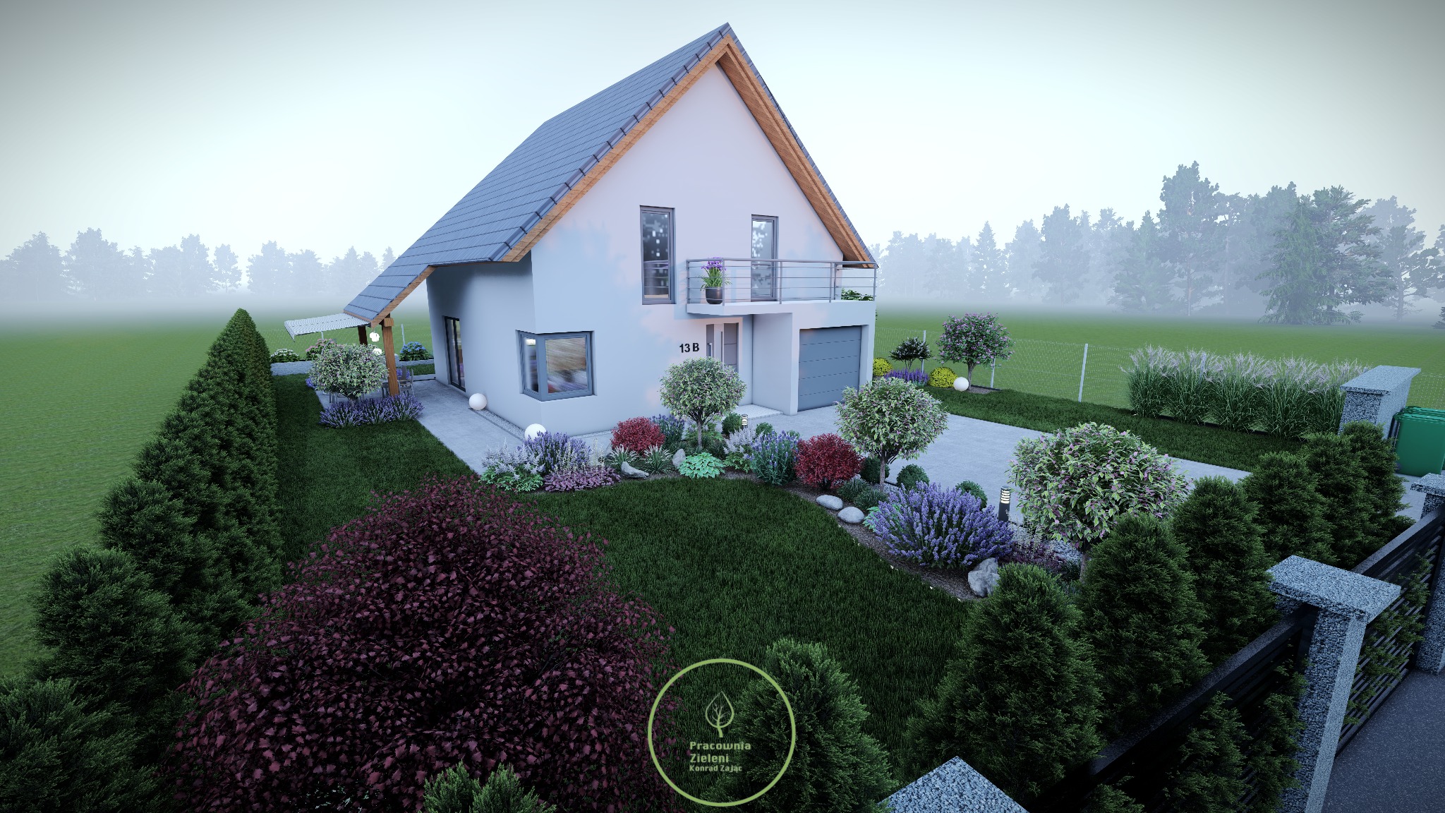 Wizualizacja domu jednorodzinnego z ogrodem, widok z lotu ptaka, zróżnicowana roślinność ozdobna, trawnik, oświetlenie ogrodowe, nowoczesna architektura budynku z balkonem.