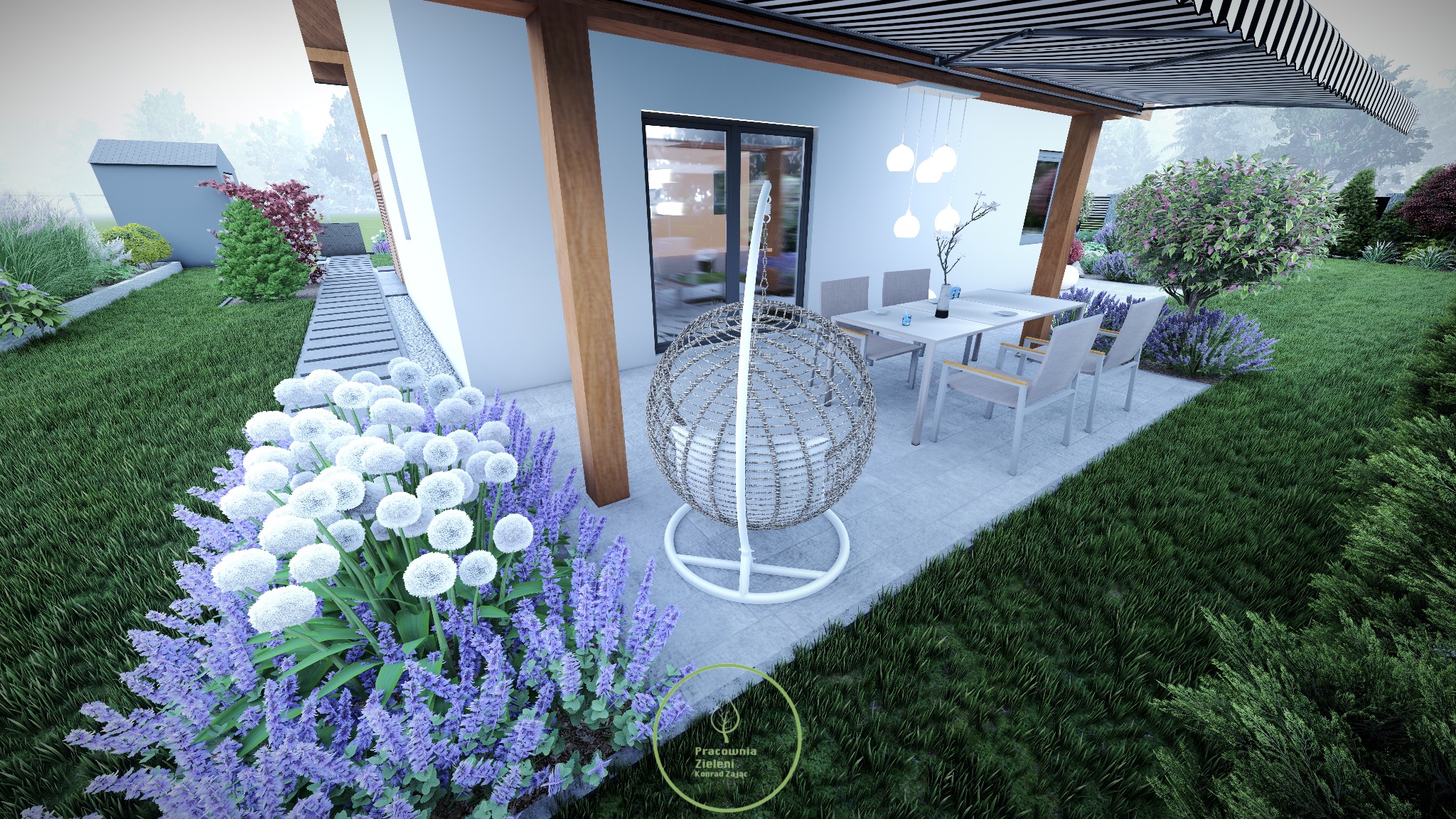 Wizualizacja ogrodu z tarasem, na którym znajduje się okrągły fotel wiszący, stół z krzesłami oraz rabaty z białymi i fioletowymi kwiatami. W tle widoczny budynek i zadbany trawnik.
