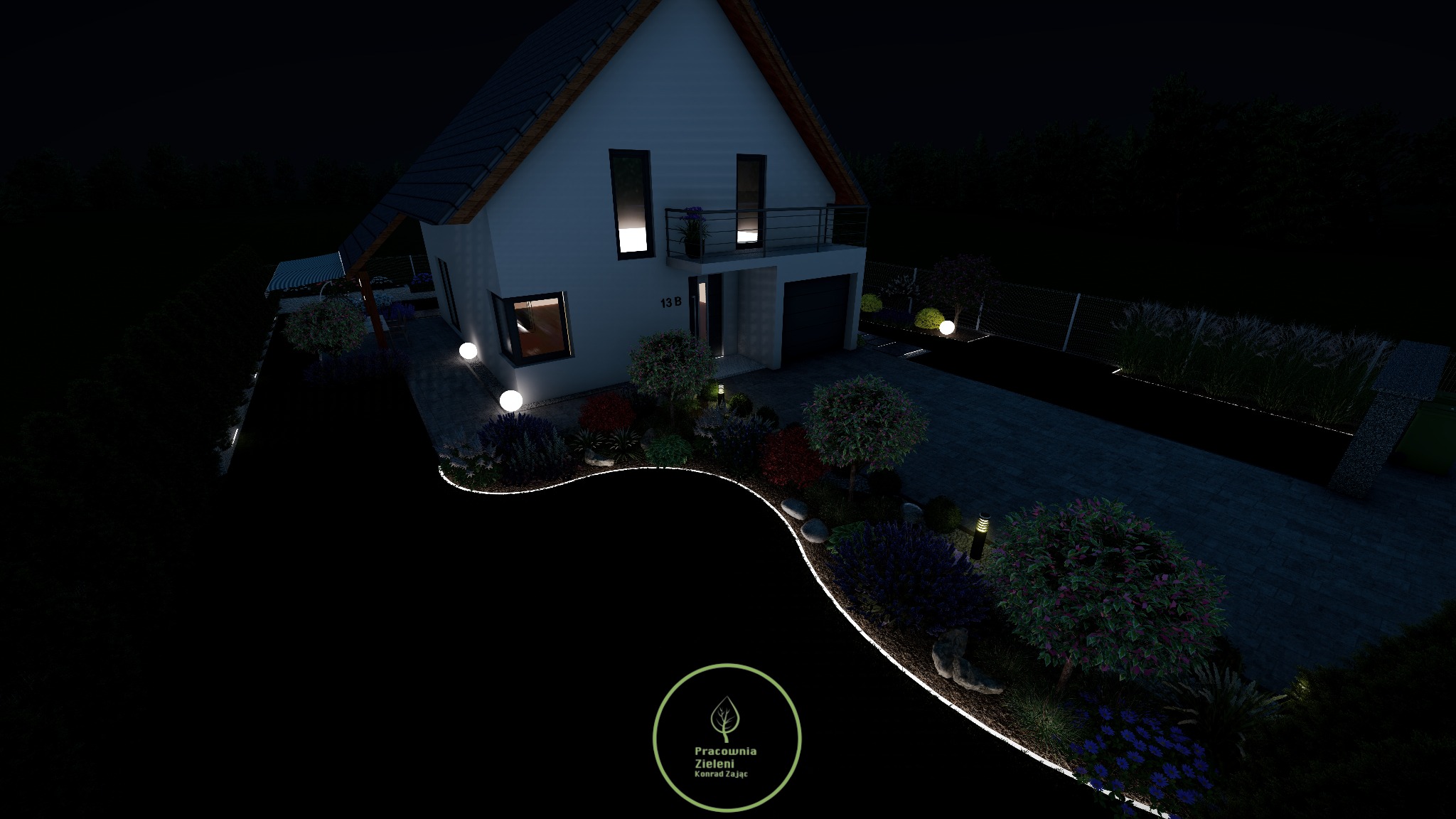 Nocna wizualizacja ogrodu z podświetlonymi ścieżkami i roślinami przed nowoczesnym domem z balkonem, oświetlona kulami i lampami ogrodowymi.