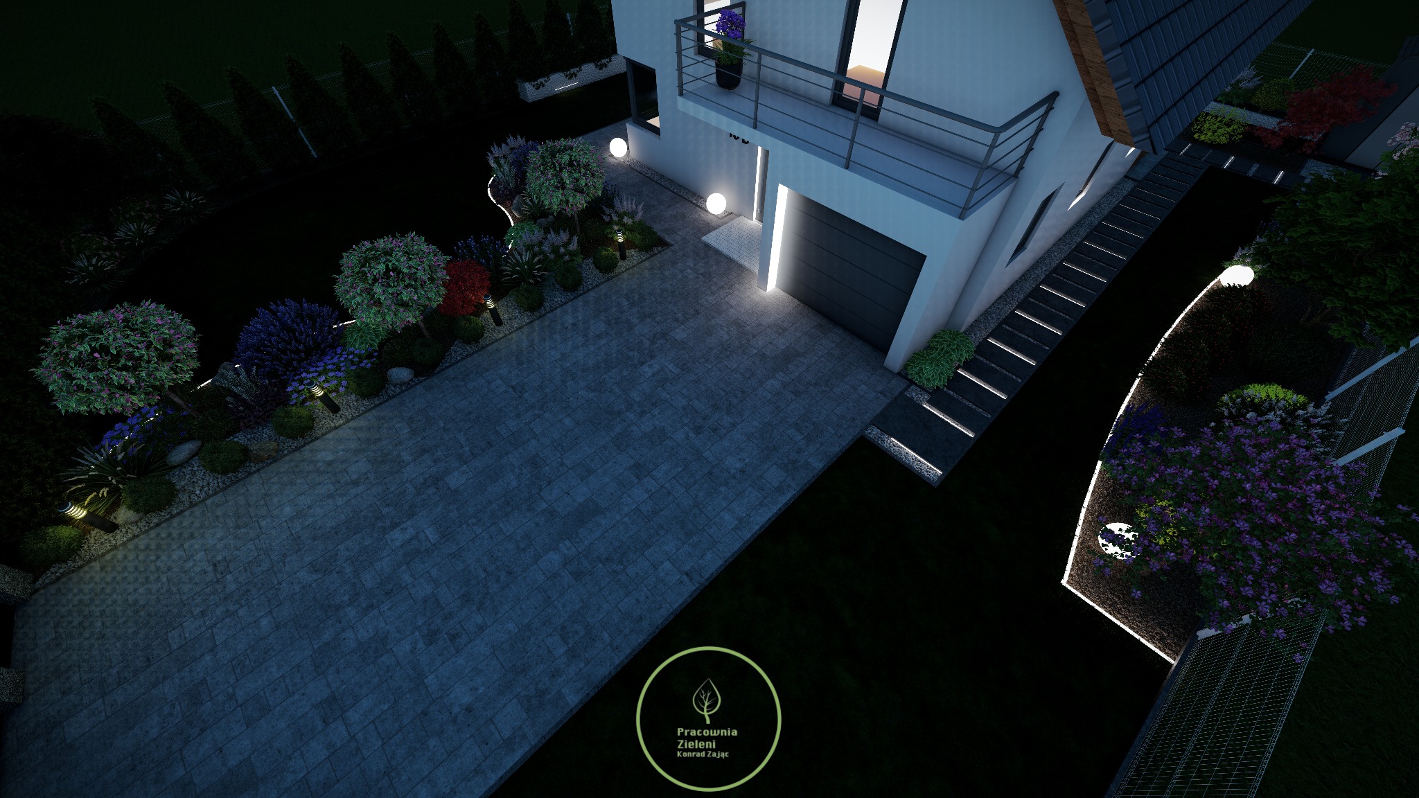 Wizualizacja nocna nowoczesnego ogrodu z podświetlonymi ścieżkami, kulistymi drzewami i elewacją domu z balkonem, widok z góry.