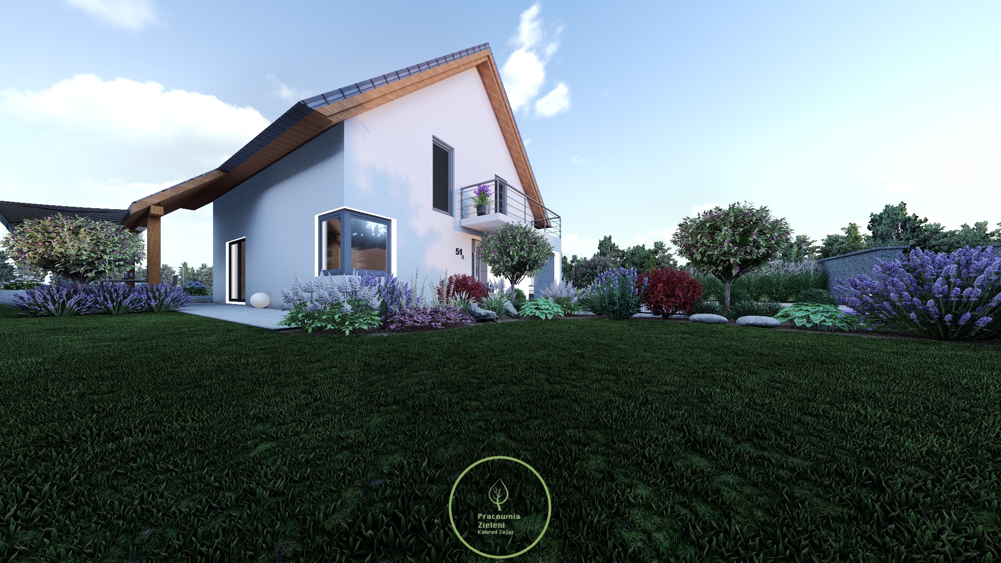 Wizualizacja ogrodu przed nowoczesnym domem z białymi ścianami i drewnianymi elementami, bujna roślinność, różnorodne kwiaty i krzewy, zadbany trawnik, widoczne oświetlenie zewnętrzne.