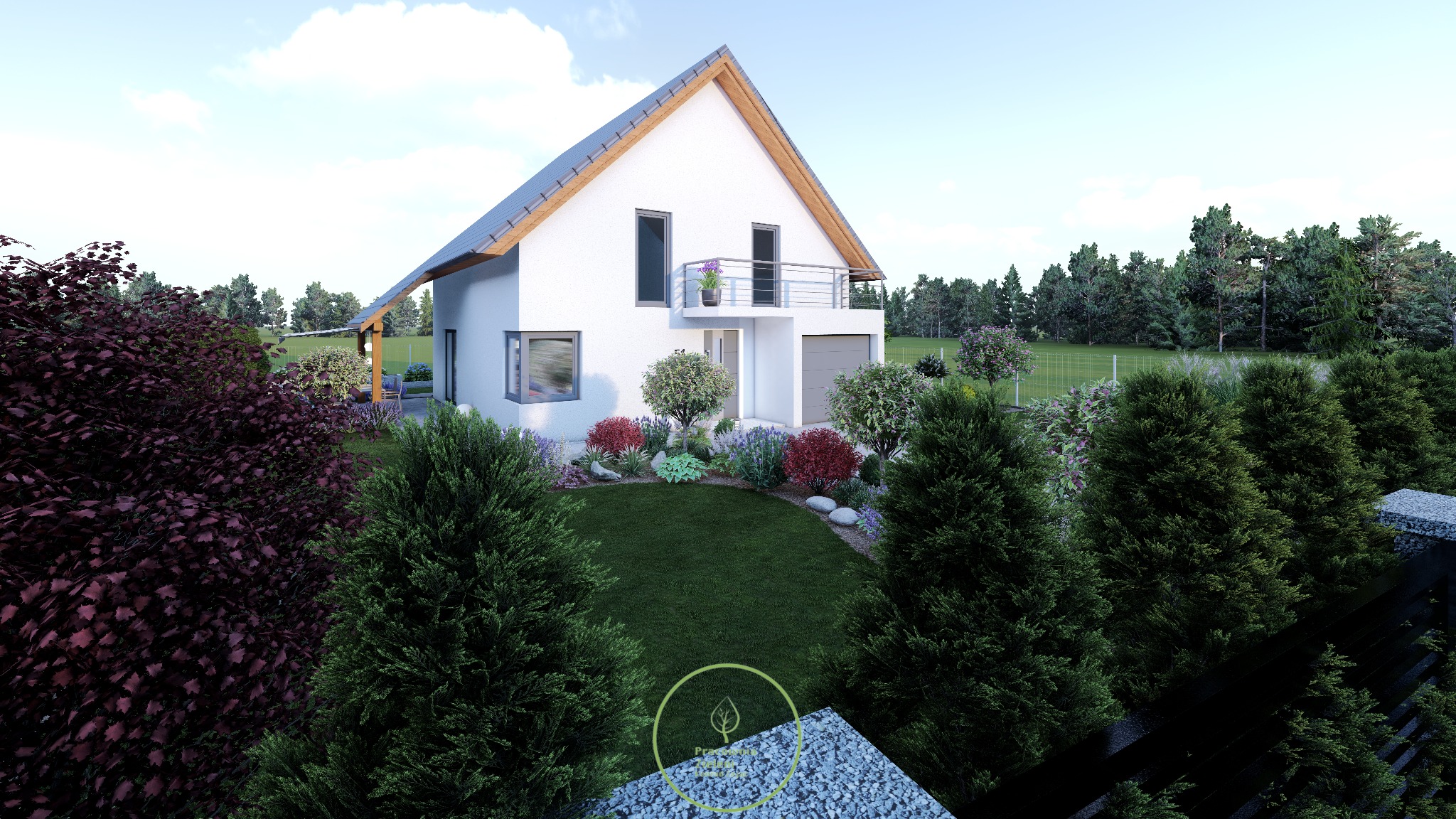 Wizualizacja 3D nowoczesnego domu jednorodzinnego z ogrodem, widok z góry na zadbany trawnik, rabaty kwiatowe i drzewa iglaste.