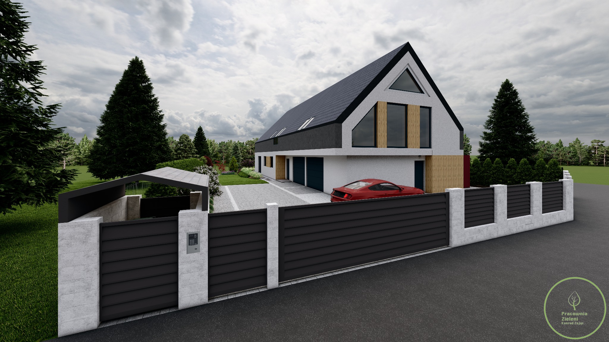 Wizualizacja nowoczesnego domu jednorodzinnego w Krakowie z czarnym dachem i jasną elewacją, widoczny ogród, brama wjazdowa z wideodomofonem, wiata garażowa i czerwony samochód sportowy.
