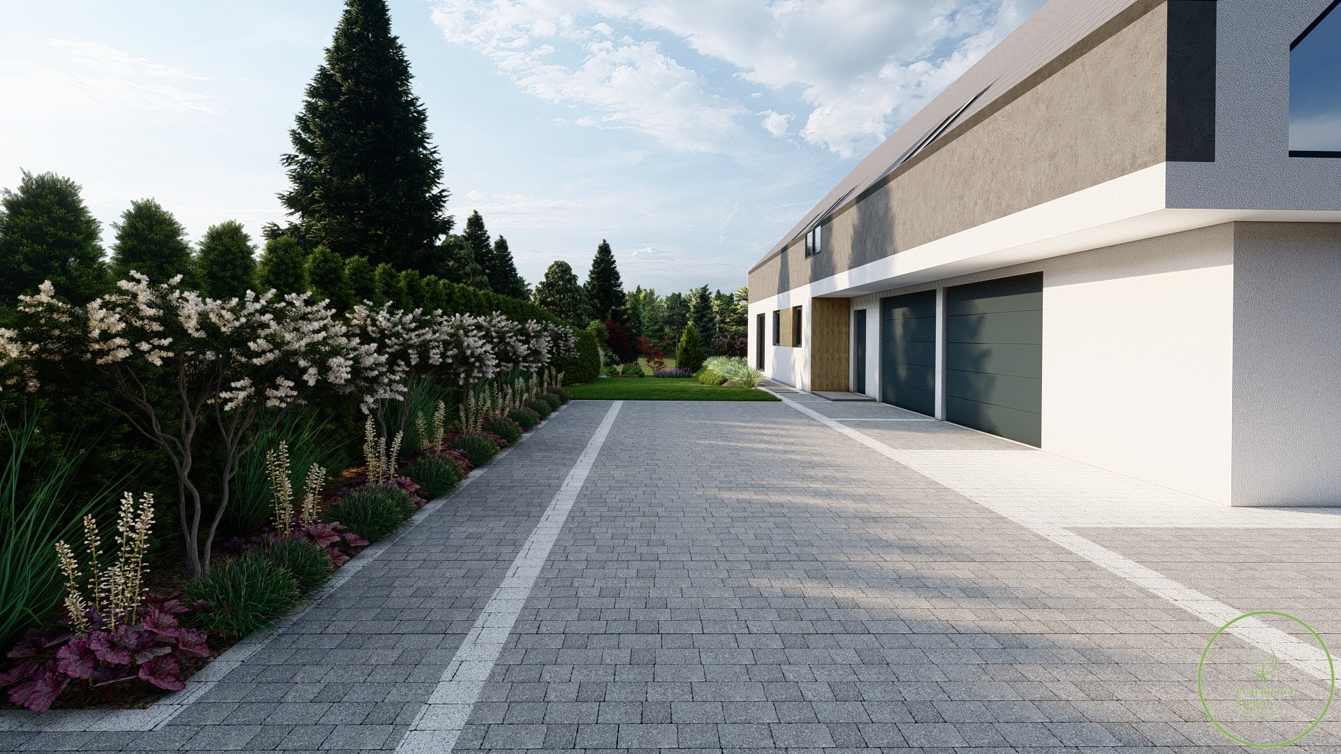 Nowoczesny dom z szarym brukowanym podjazdem, obrzeżem z białych kwiatów i różnobarwnych roślin, oraz zielonym trawnikiem