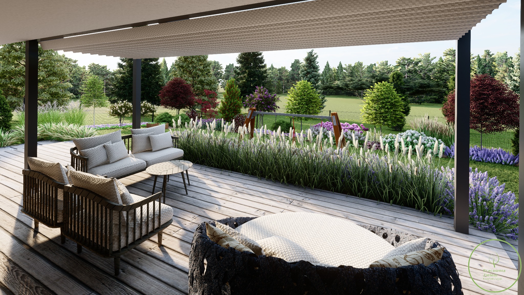 Wizualizacja tarasu z drewnianą podłogą, meblami ogrodowymi i widokiem na bujny ogród z ozdobnymi trawami, lawendą i drzewami.