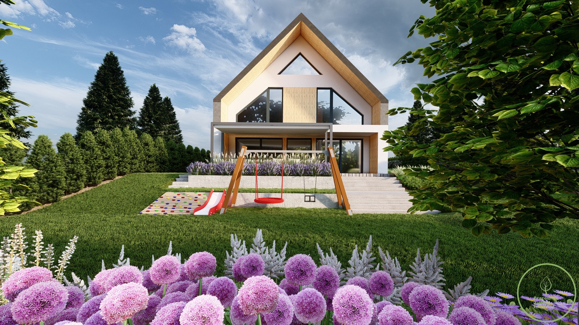 Nowoczesny dom z ogrodem, plac zabaw dla dzieci z huśtawką i zjeżdżalnią, ozdobne kwiaty w pierwszym planie.