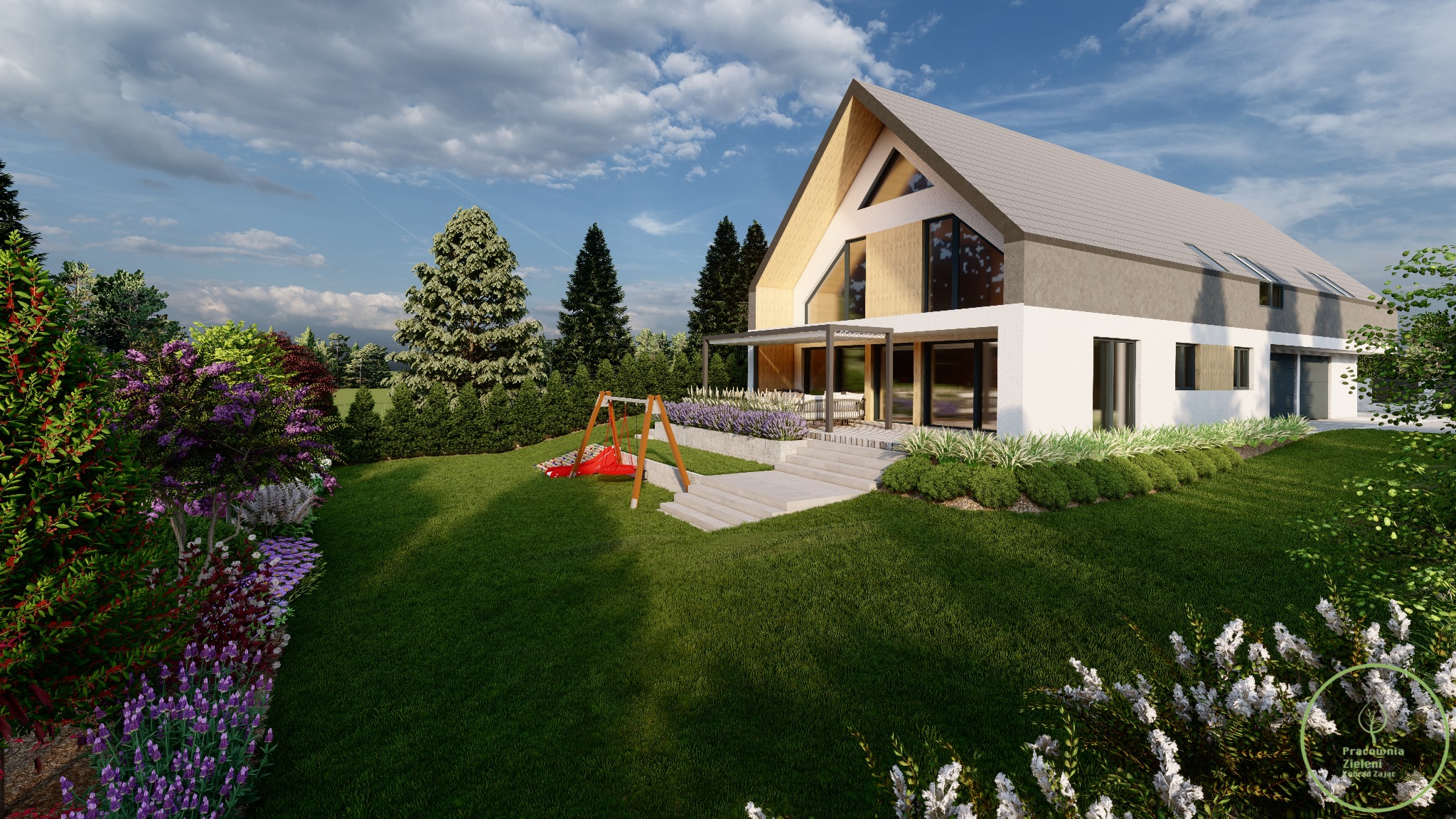 Wizualizacja domu jednorodzinnego z ogrodem, huśtawką i schodami prowadzącymi do tarasu, otoczonego rabatami kwiatowymi i zielenią.