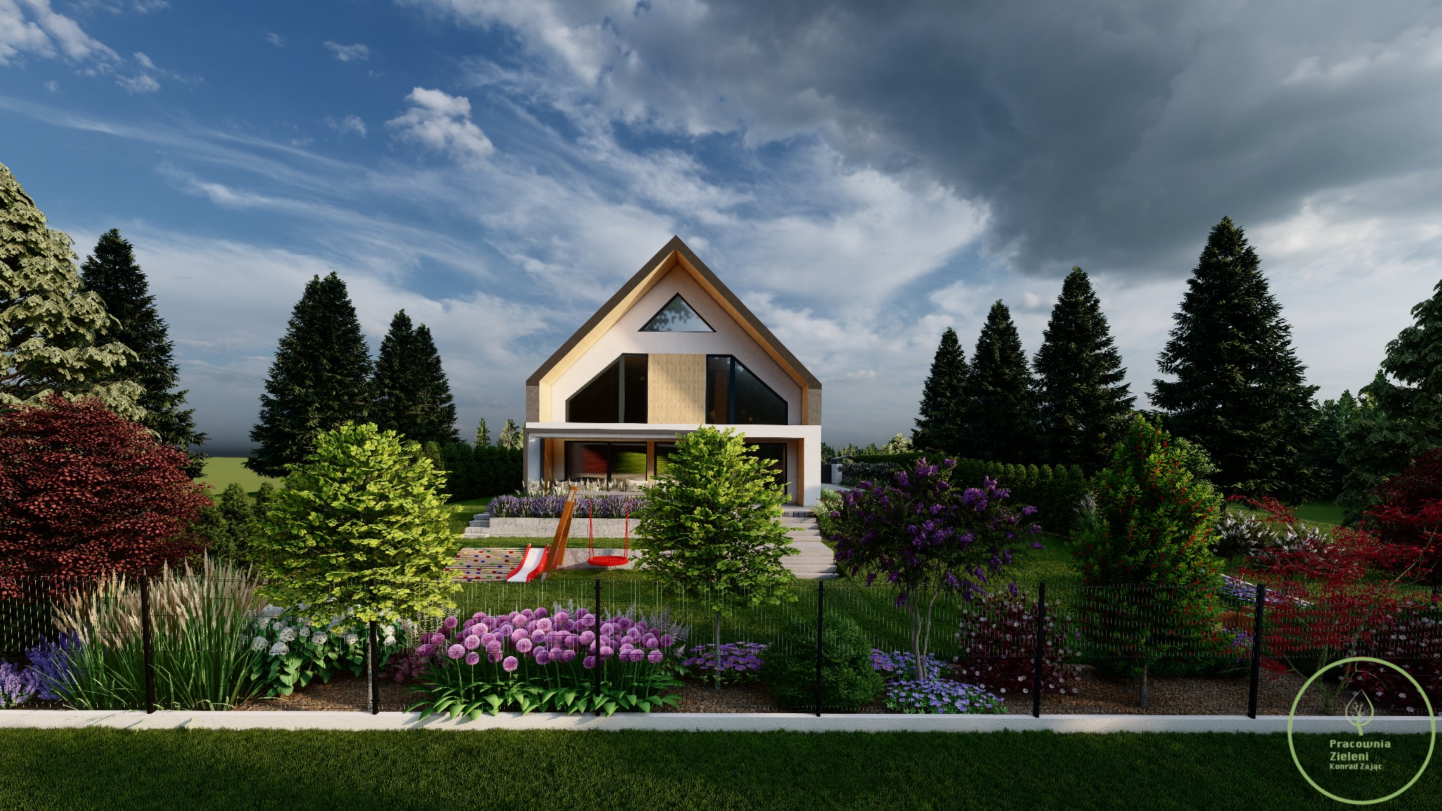 Wizualizacja domu jednorodzinnego z ogrodem, widok na elewację frontową, zieleń ozdobna, plac zabaw z huśtawką, ogrodzenie panelowe, logo w prawym dolnym rogu.