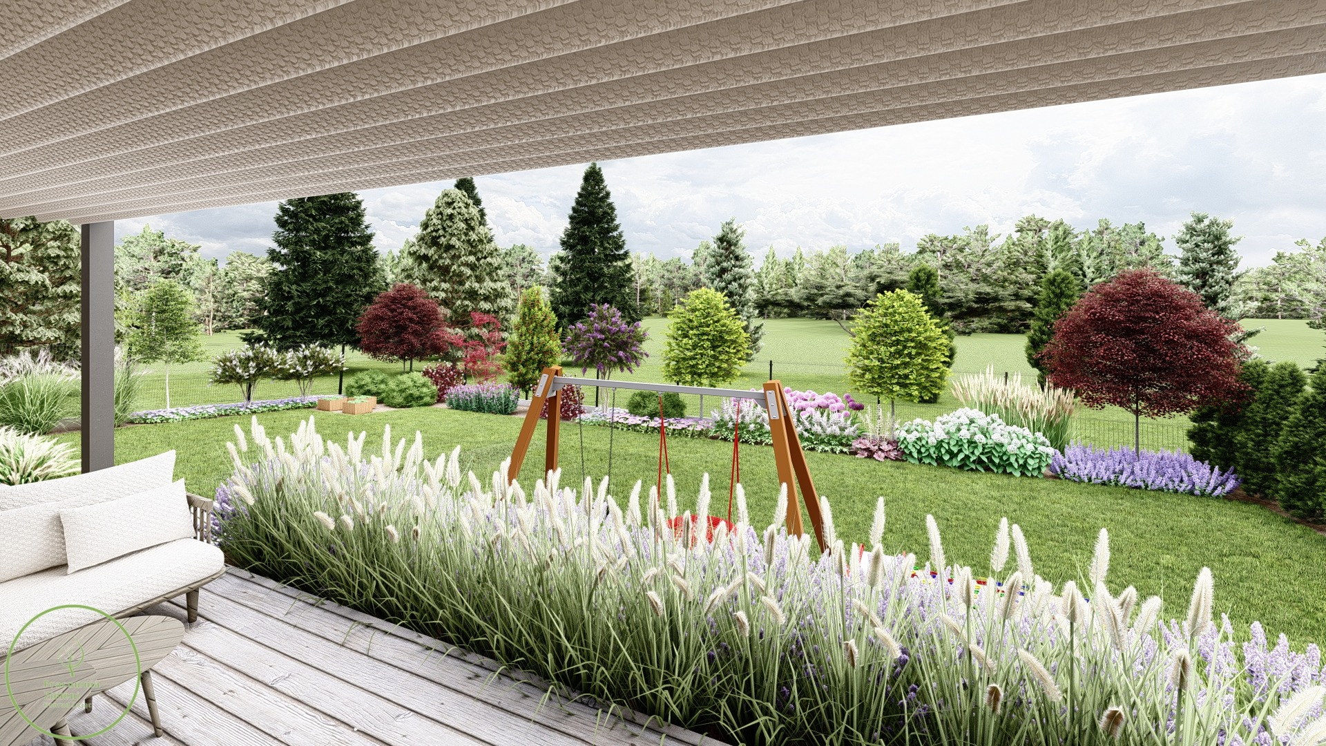 Wizualizacja ogrodu z huśtawką, różnorodnymi drzewami i rabatami kwiatowymi, widok z zadaszonego tarasu z meblami ogrodowymi.