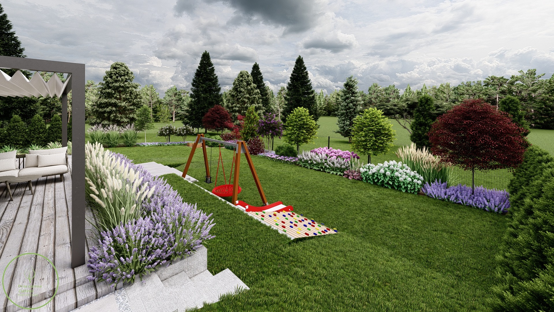 Wizualizacja ogrodu z huśtawką, zjeżdżalnią z kolorowymi uchwytami, rabatami kwiatowymi z lawendą, trawami ozdobnymi i drzewami iglastymi, widok z perspektywy tarasu z meblami ogrodowymi.