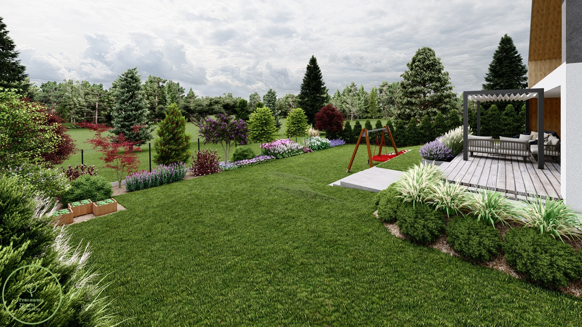 Wizualizacja ogrodu z równo przystrzyżonym trawnikiem, rabatami kwiatowymi, drzewami iglastymi i liściastymi, huśtawką dla dzieci oraz zadaszonym tarasem z meblami ogrodowymi.